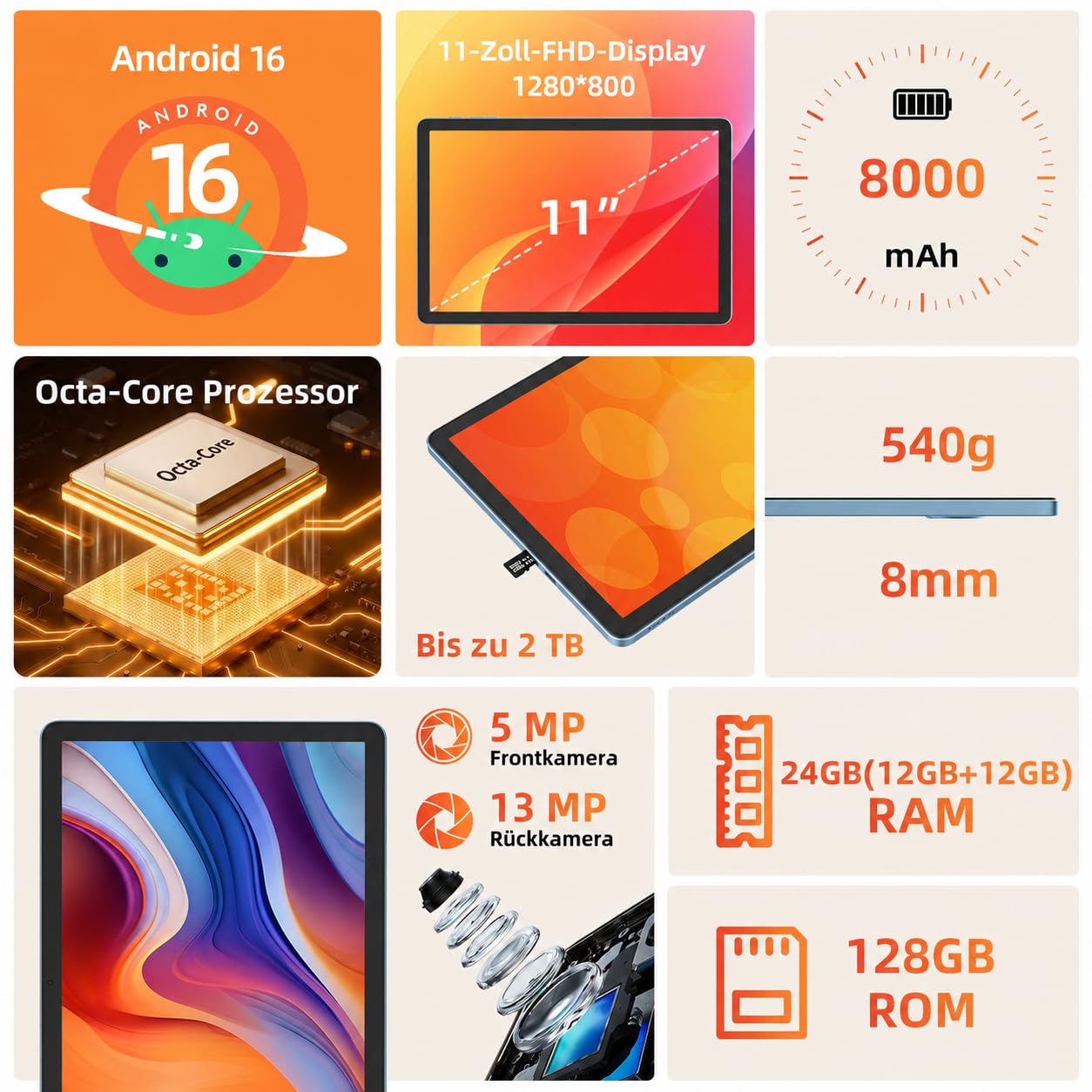 Tablet 11 Zoll mit Tastatur: Android 16 8000mAh Octa-Core 24GB+128GB 2TB TF Tablet PC - WiFi 6 BT 5.2 1280*800 HD+IPS 13MP+5MP Kamera mit Maus, Usb C, Adapter, Hülle, OTG-Adapter, Stift, Schutzfolie