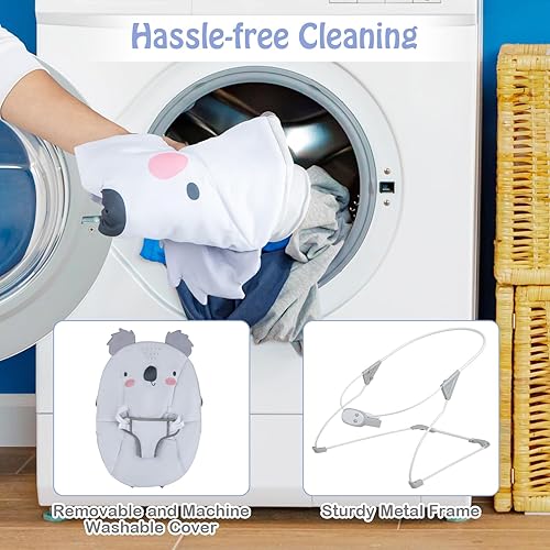 Miniatura 6 de HONEY JOY Portabebés, balancín portátil para recién nacido y asiento estacionario con vibraciones relajantes, barra extraíble, música, arnés