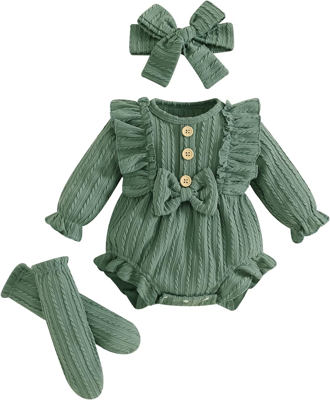 ZAXARRA Newborn Baby Girls Clothes Long Sleeve Button Front Ruffle Romper Socks Headband 3Pcs Set Fall Winter Outfits