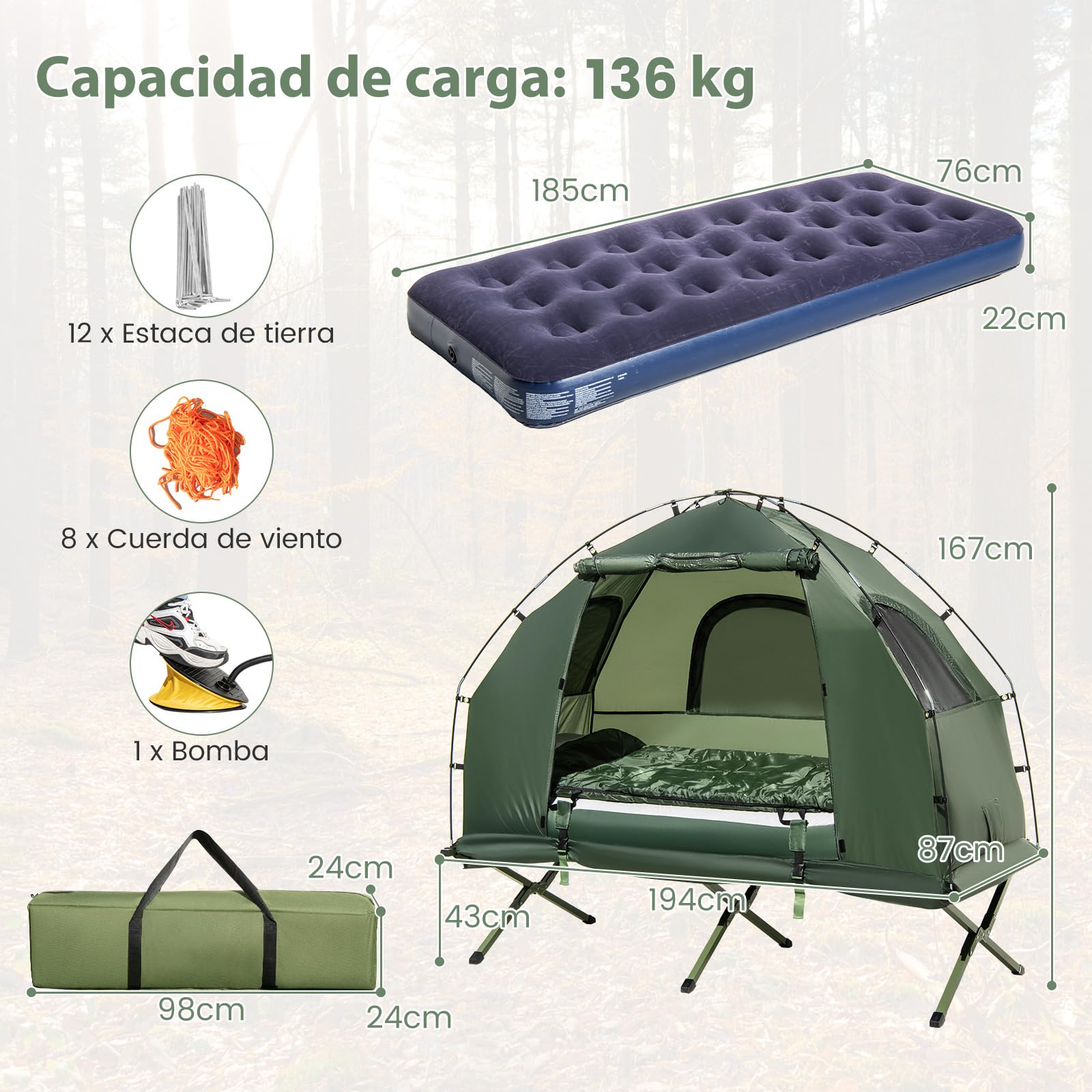 COSTWAY Tienda de Campaña para 1/2 Persona, 5 en 1 Tienda Camping con Cama Plegable Camping, Colchón de Aire, Almohada, Saco de Dormir, Tienda Iglú Impermeable Bolda de Transporte