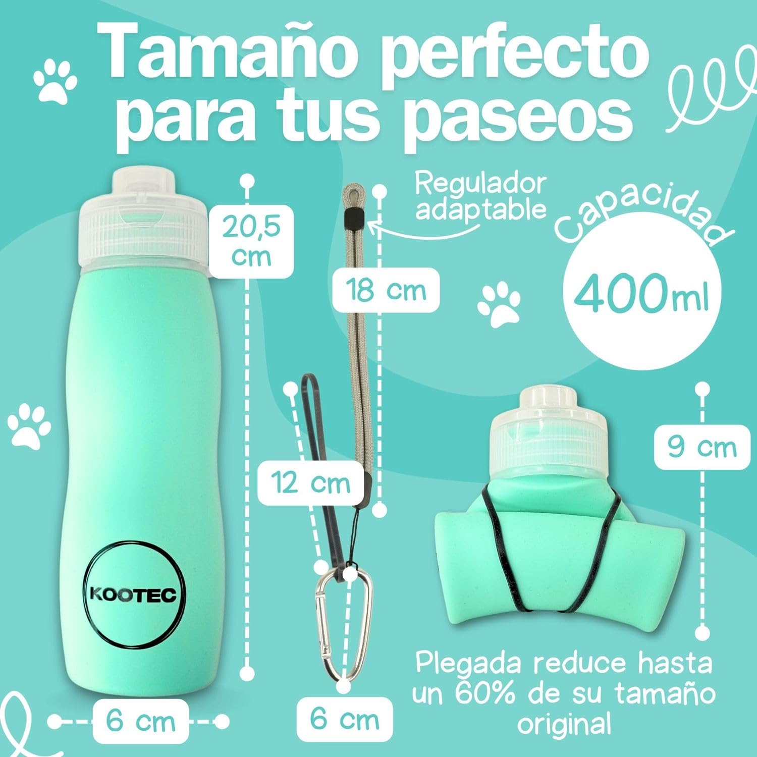 Botella Pipi Perros Silicona Plegable 400ml + Mosquetón + Goma Elástica + Cinta Ajustable 18cm | Botella Pipi Perros Calle con Chorro a Presión Controlable Antigoteo y Portátil (Verde Menta)
