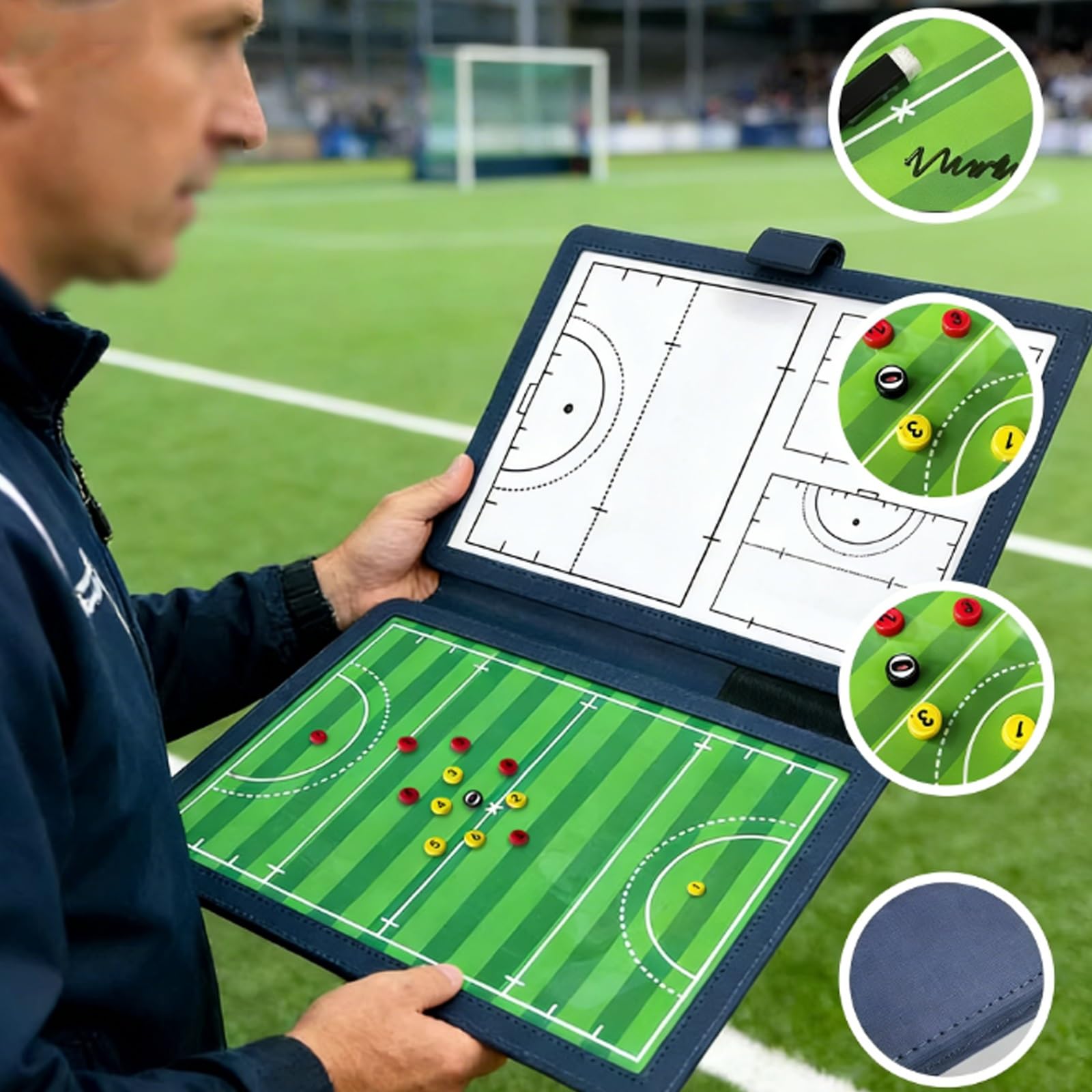 Taktikmappe Hockey Coaches Board für Trainer, Doppelseitige Taktiktafel, Inklusive 2 Abwischbarer Stifte, Wendbares Design, Leicht und Tragbar, für Den Unterricht