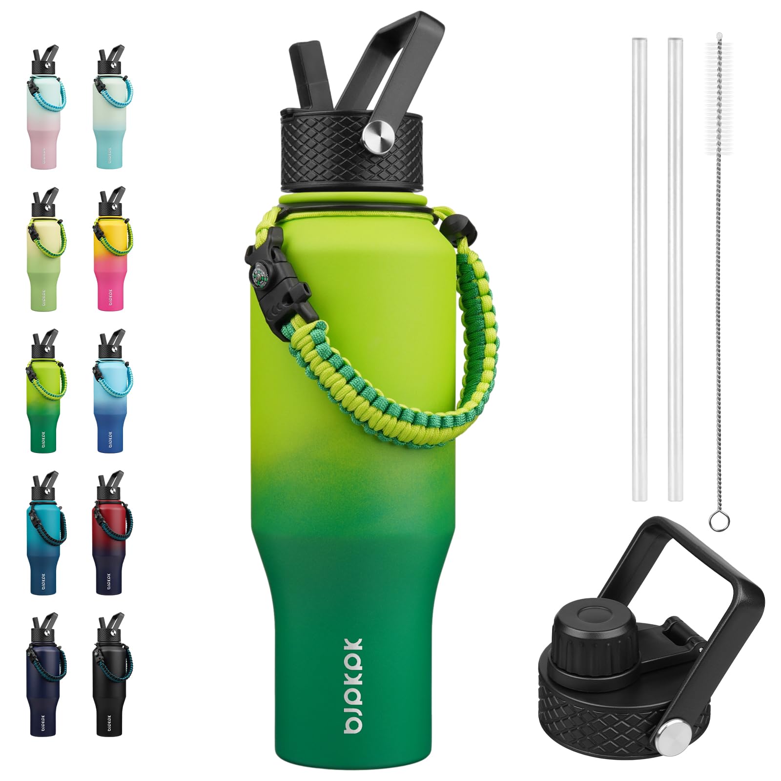 BJPKPK Insulated Water Bottles with Straw Lid, 35oz Metal Water Bottle with 2 lids & Paracord Strap, Double Wall Stainless Steel Vacuum Tumblers, Cups, Mugs, Thermos for Hot& Cold Drinks, Bamboo Grove