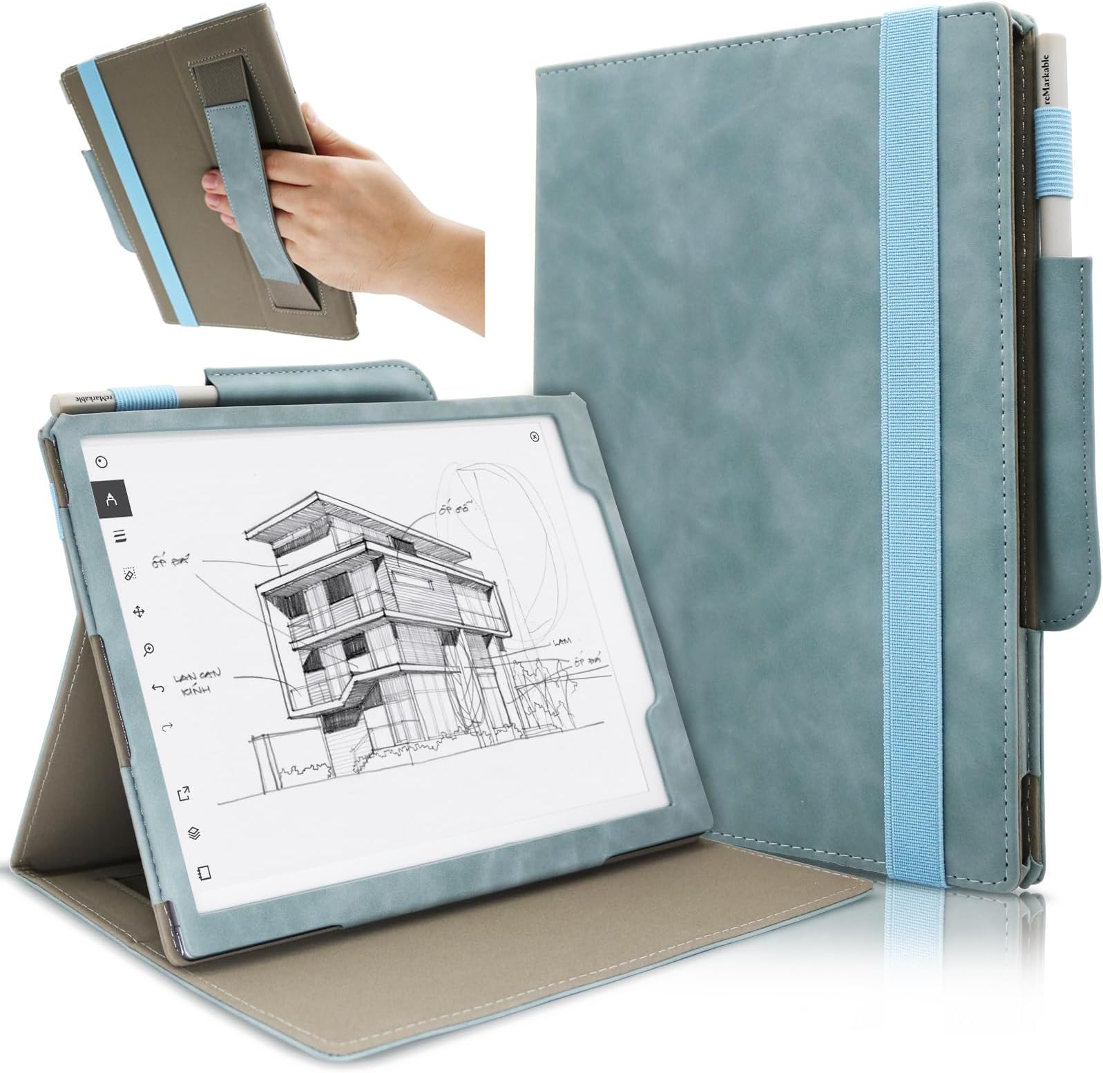 Leather Case for Remarkable 2 10.3 inch Digital Paper (2020 Released), Skin Feeling Lightweight Book Folios Cover for Tablet with Pen Holder/Hand Strap/Elastic Strap/Multi-Viewing Angles (Green)