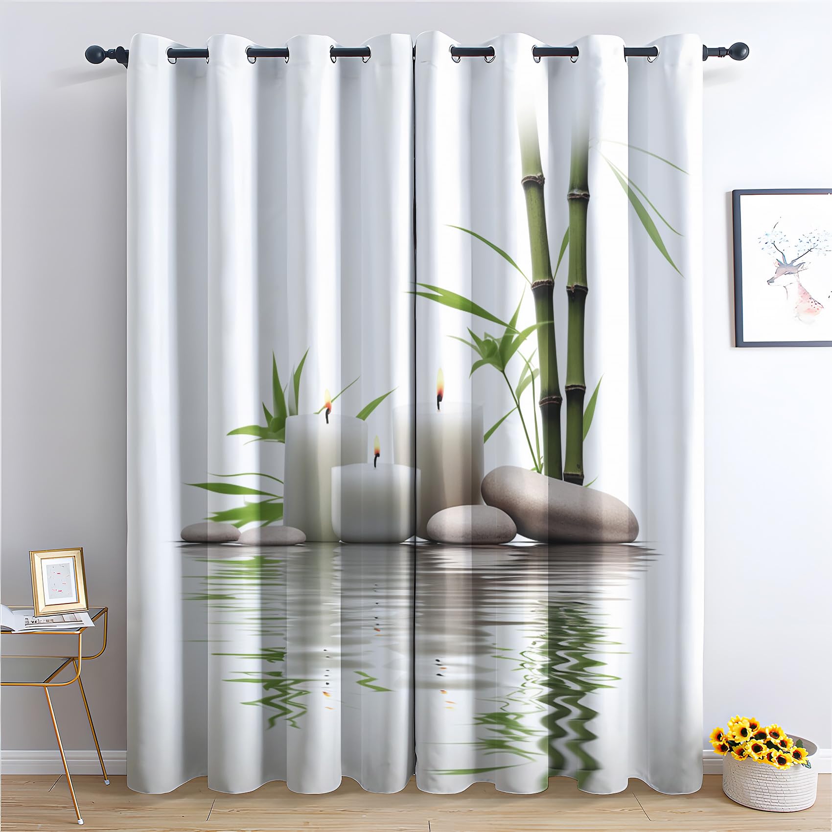 Rideau Zen - Rideau Occultant Thermiques Jardin Zen Spa Méditation Japonaise, Lot de 2 Rideaux à Oeillets pour Decoration Chambre Salon, Draperies Intérieurs Fenetre, 140x240 cm (LxH)