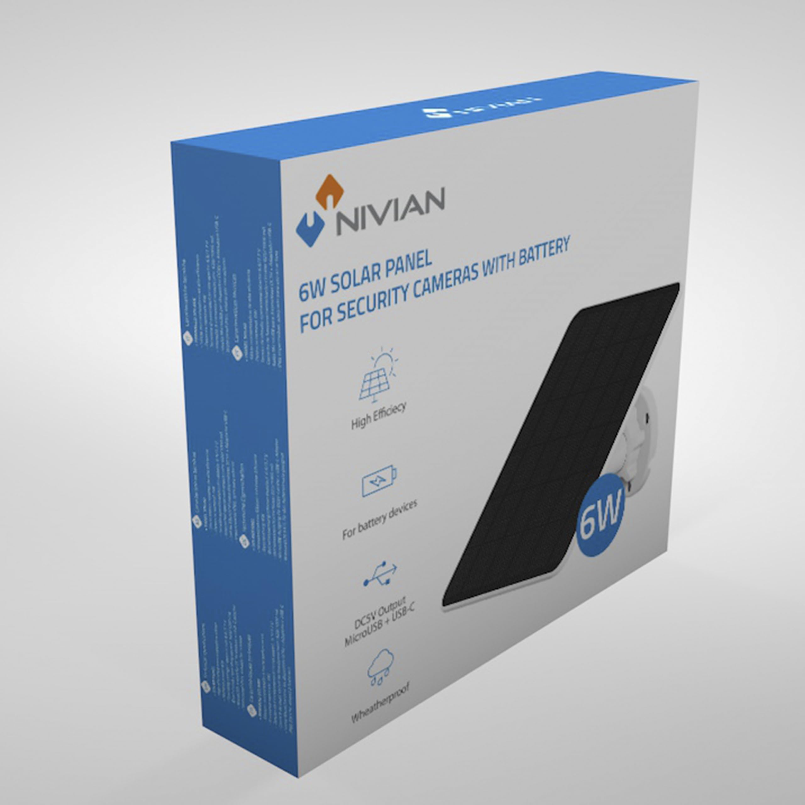 NIVIAN Panel słoneczny 6 W do kamer bezpieczeństwa IP, złącze USB typu C i adapter micro USB, łatwa instalacja z regulowanym uchwytem, biały, 1 sztuka, tworzywo sztuczne
