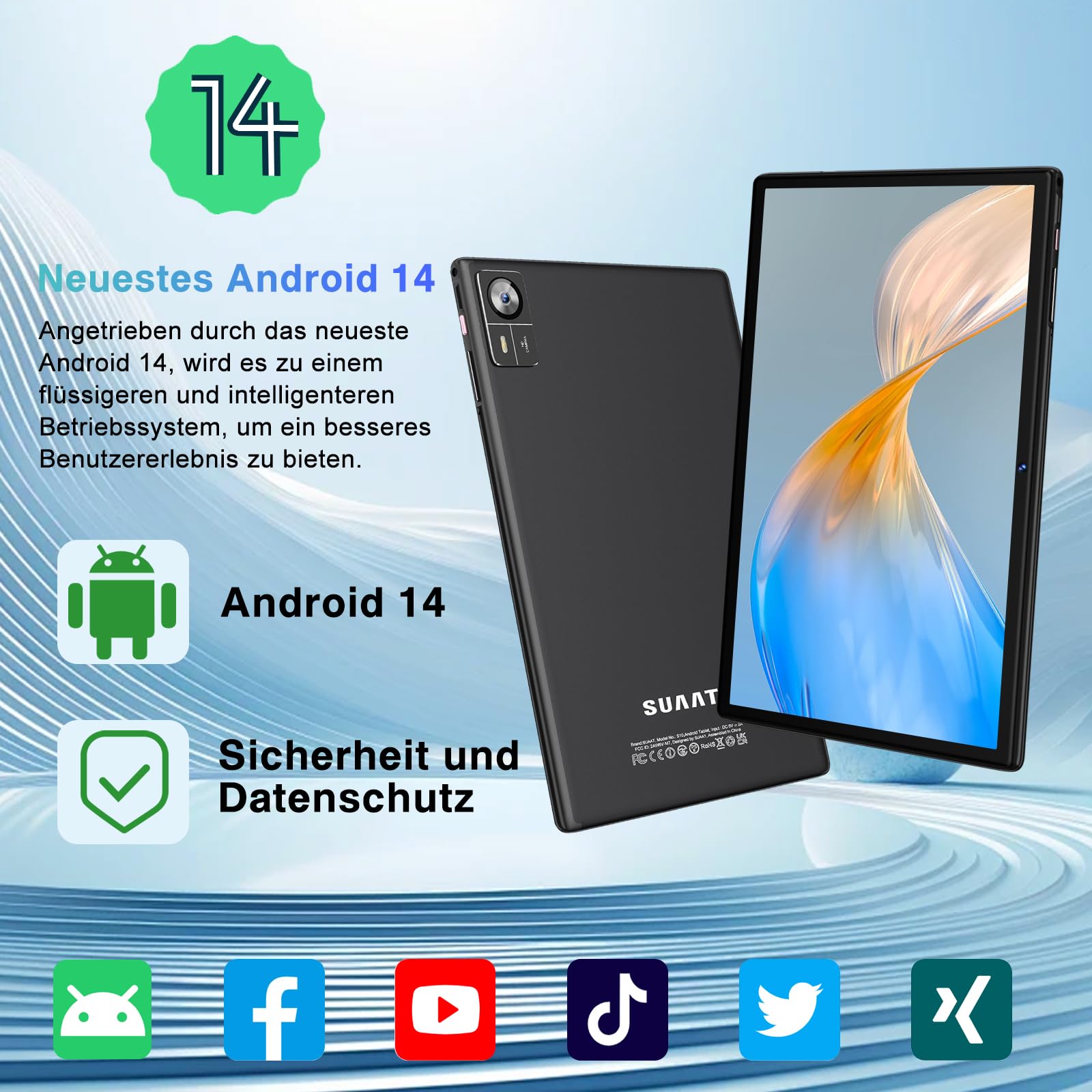 SUAAT 2026 Tablet Android 22 GB RAM + 128 GB ROM (2 TB TF), tablets 10 pollici, 8000mAh, Octa-Core, 2,0 GHz, WiFi 5G + 2,4G, GPS, 8 MP + 5 MP, Bluetooth 5.0, Cast,tastiera e mouse, Nero Intenso