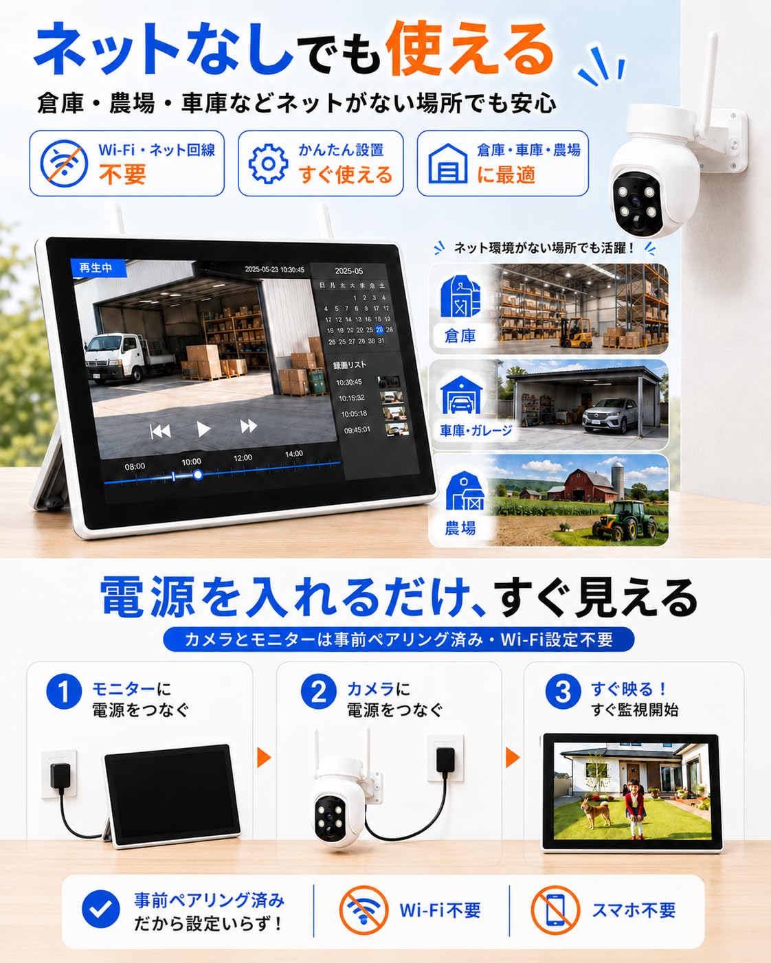 Amazon.co.jp: YESKAMOO 防犯カメラ ワイヤレス 屋外 10インチ薄型