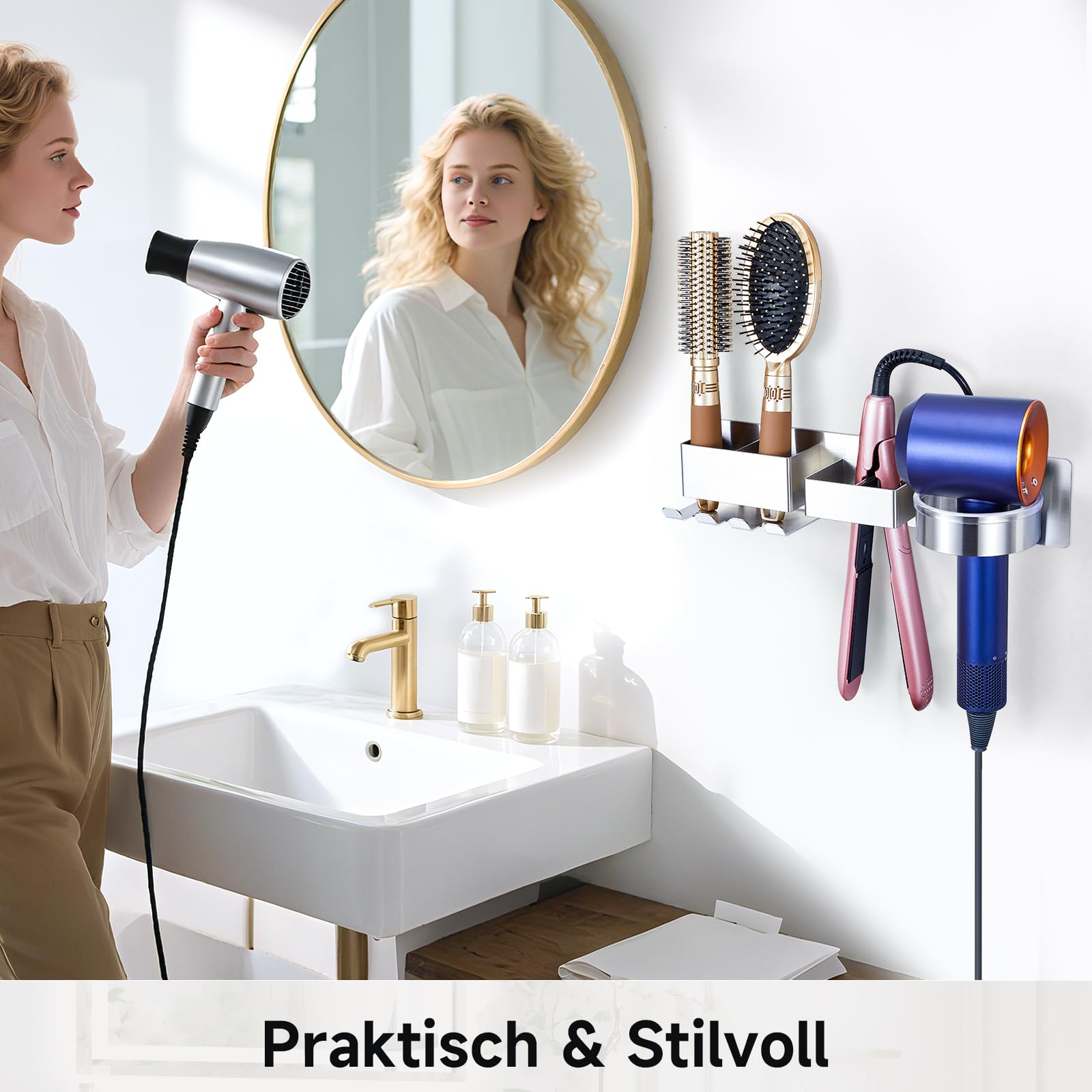 YYBO Porta Phon e Piastra Adesivo, Porta Phone Bagno da Muro, Porta Asciugacapelli Senza Foratura, Porta Piastra per Capelli, Supporto asciugacapelli per Barbiere e Hotel (Argento)