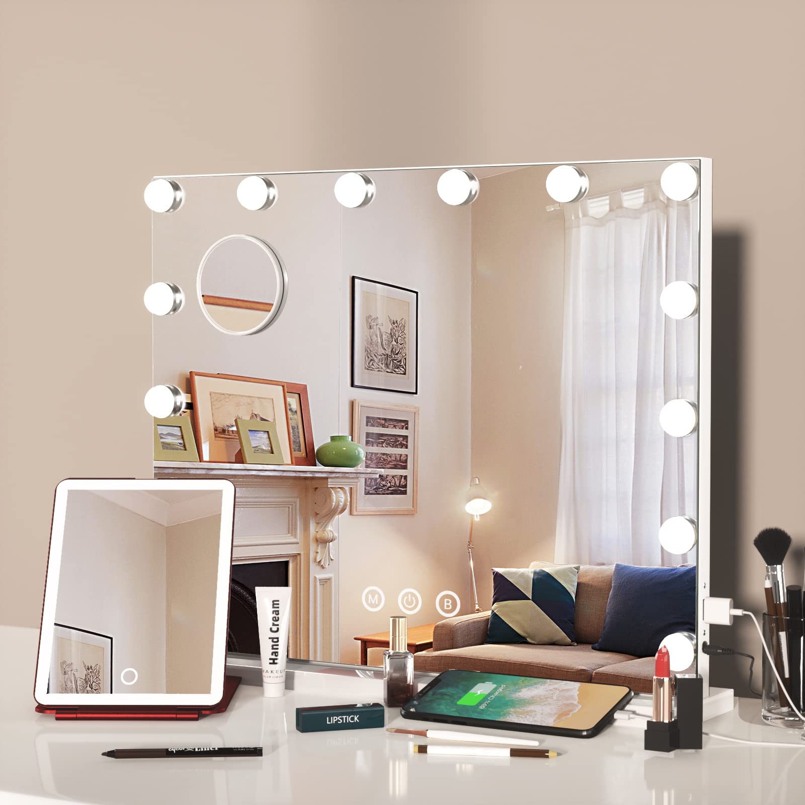 Makeup Mirror with Lights, Lighted Makeup Mirror, Hollywood Lighted Makeup Mirror with 14 Dimmable LED Bulbs for Dressing Room & Bedroom, Tabletop or Wall-Mounted, 19.6x16.5''