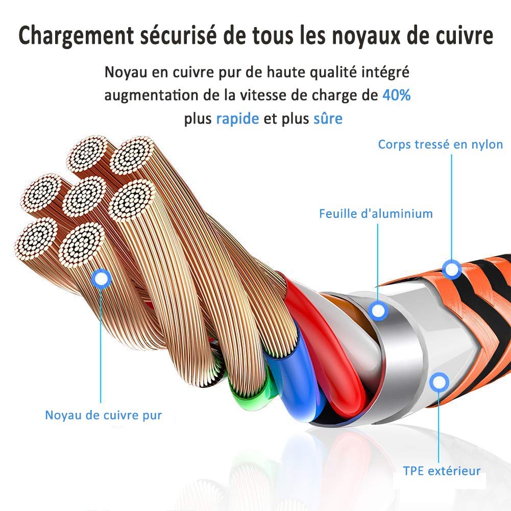 Aioneus Câble iPhone Chargeur Lightning USB MFi Nylon Tressé 2m Lot de 3 Charge Rapide pour iPhone 14 Pro Max 13 12 11 XR XS X 8 7 Plus SE iPad