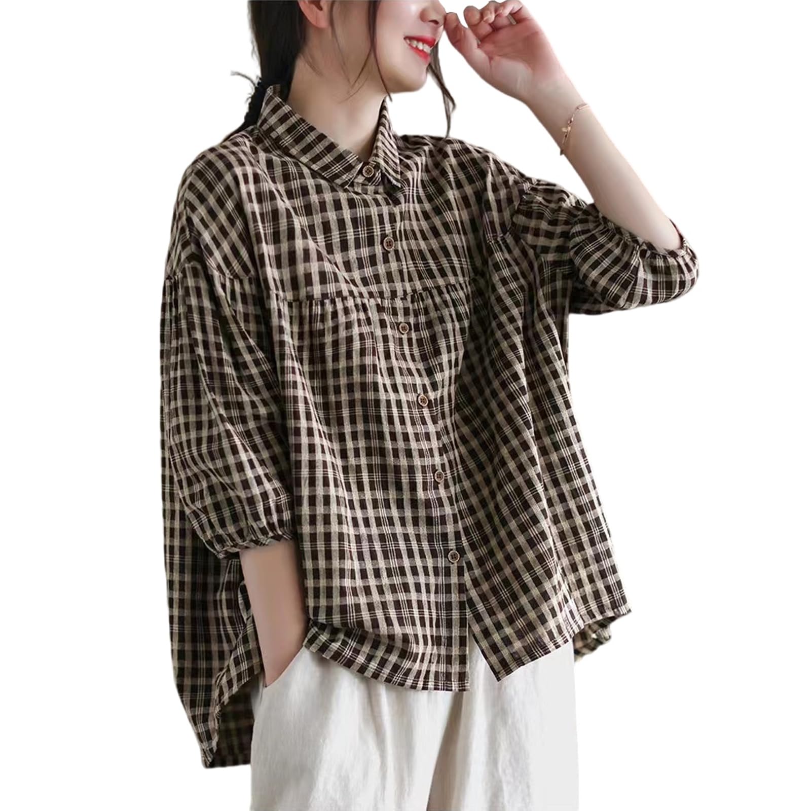 Korean Style Summer Shirt Women's Retro Cotton Linen Checkered Shirt Women's Loose Casual Short Sleeved top