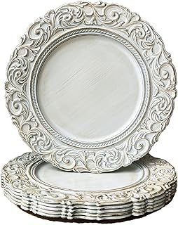 Antique Charger Plates, 13 Inch White Dinner Plate Chargers Round Server Ware. Set of