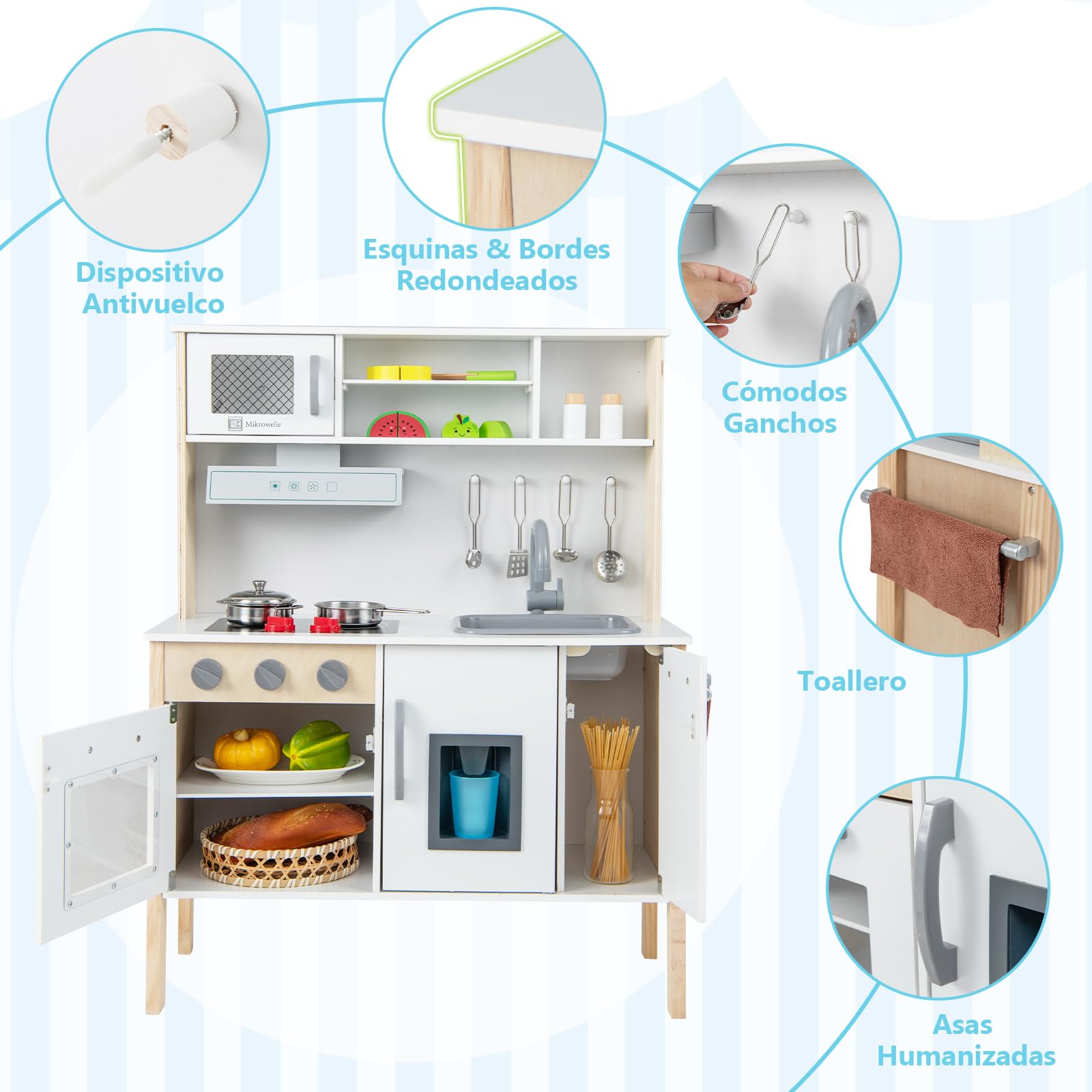 COSTWAY Cocina de Juguete para Niños, Cocinita Infantil de Madera con Microondas, Campana Extractora, Estufas, Fregadero de Juguete, Horno, Fabricador de Hielo y 18 Accesorios (Blanco)