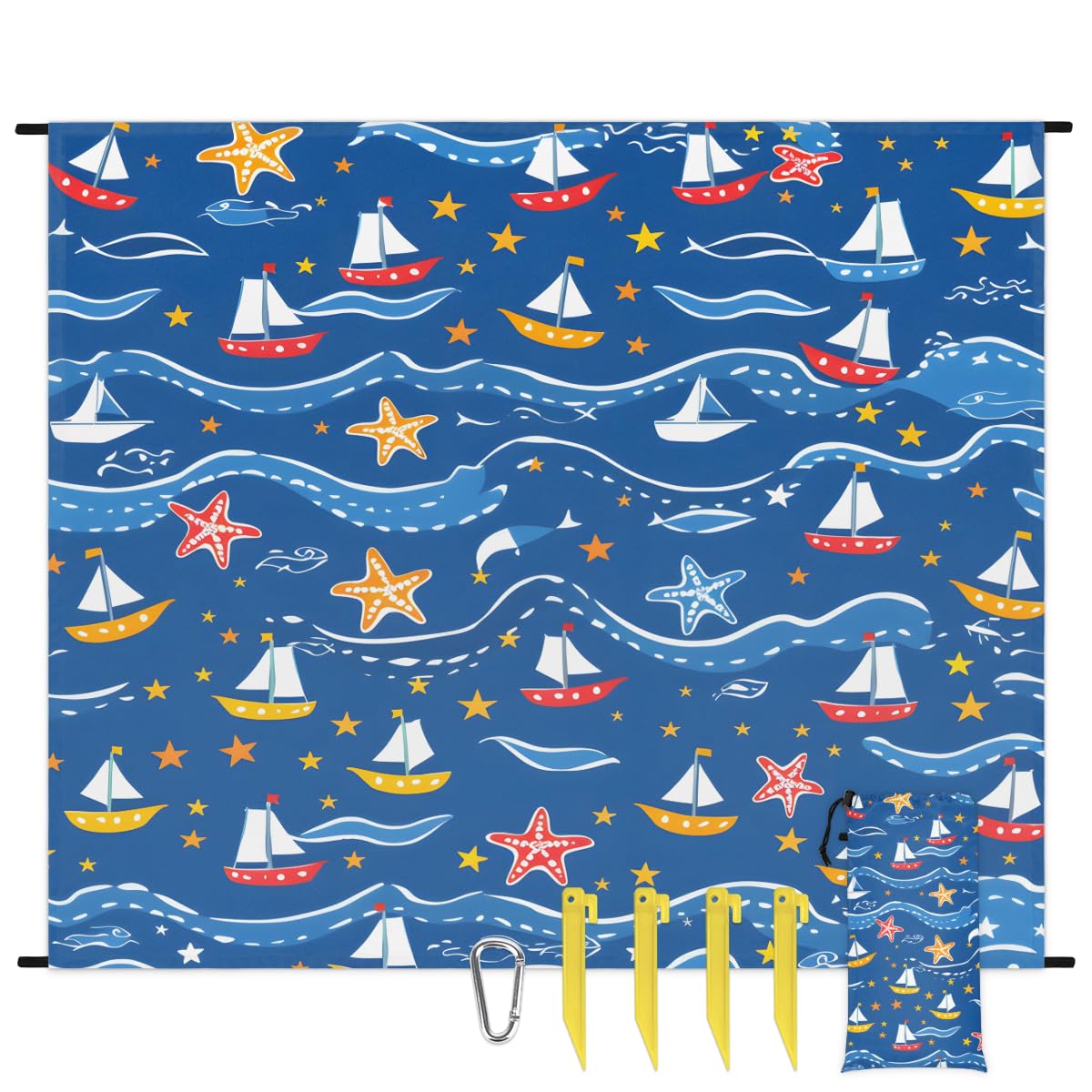 Eabrults Waterproof Sandproof Beach Blanket, 59''×68'' Ocean Waves Boat Polyester Outdoor Picnic Blanket with 4 Stakes & Storage Bag for Beach,Camping,Vacation Blue
