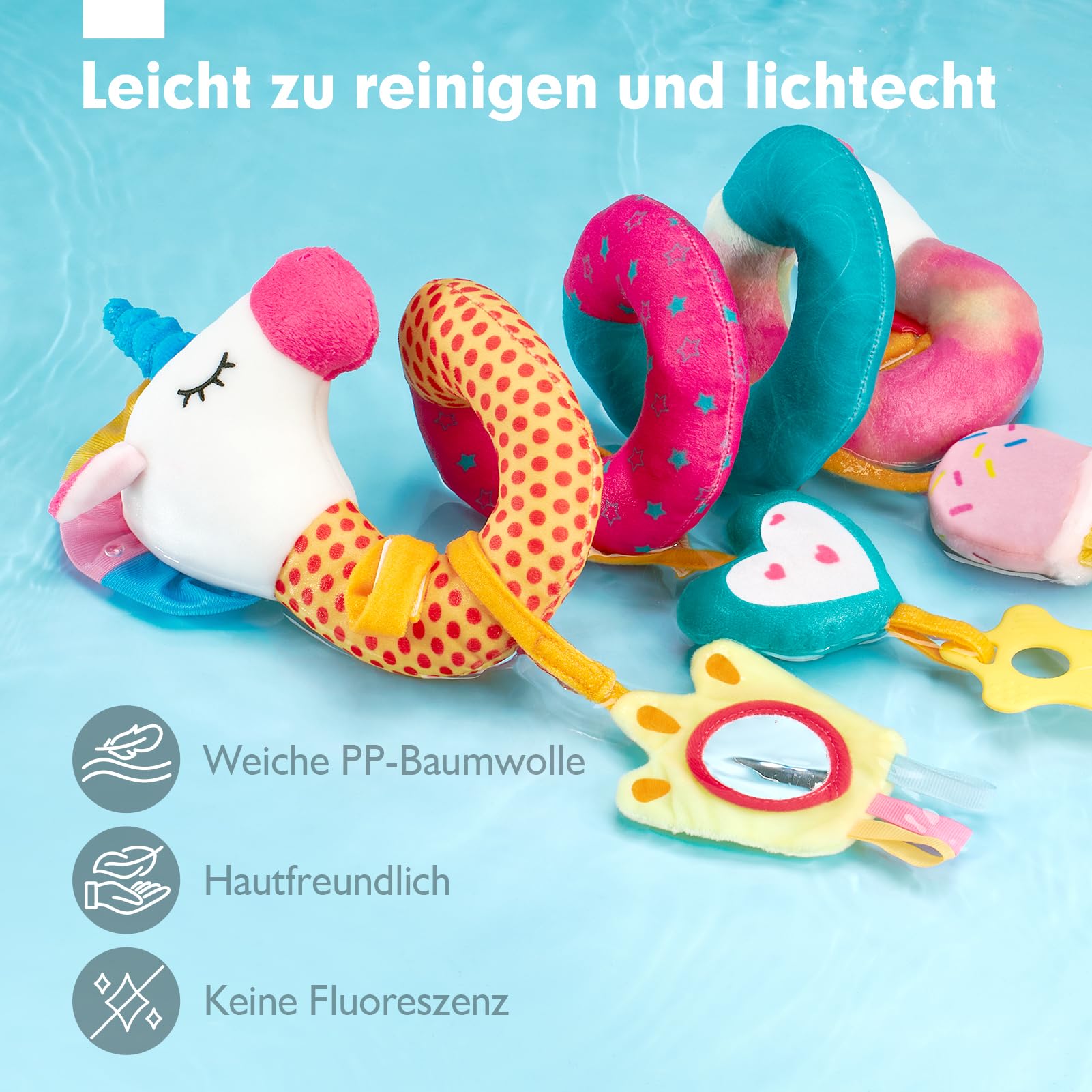 hahaland Kinderwagen Spielzeug, Kinderwagenkette mit Einhorn Mustern, Activity Spirale Spielzeug für Bett, Babyschale Spielzeug,Autositz,Plüsch Baby Spielzeug für ab 0 Monate Junge Mädchen