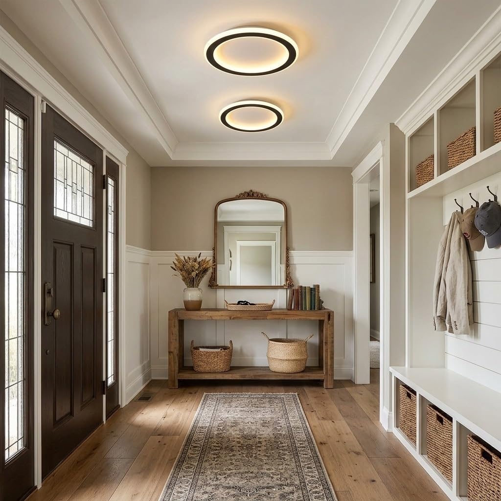 Lámpara de Techo LED Redonda Moderna, Plafón con Sensor de Movimiento Luz de Techo Crepuscular Estilo Nórdico para Pasillo Balcón(Black,3000K)