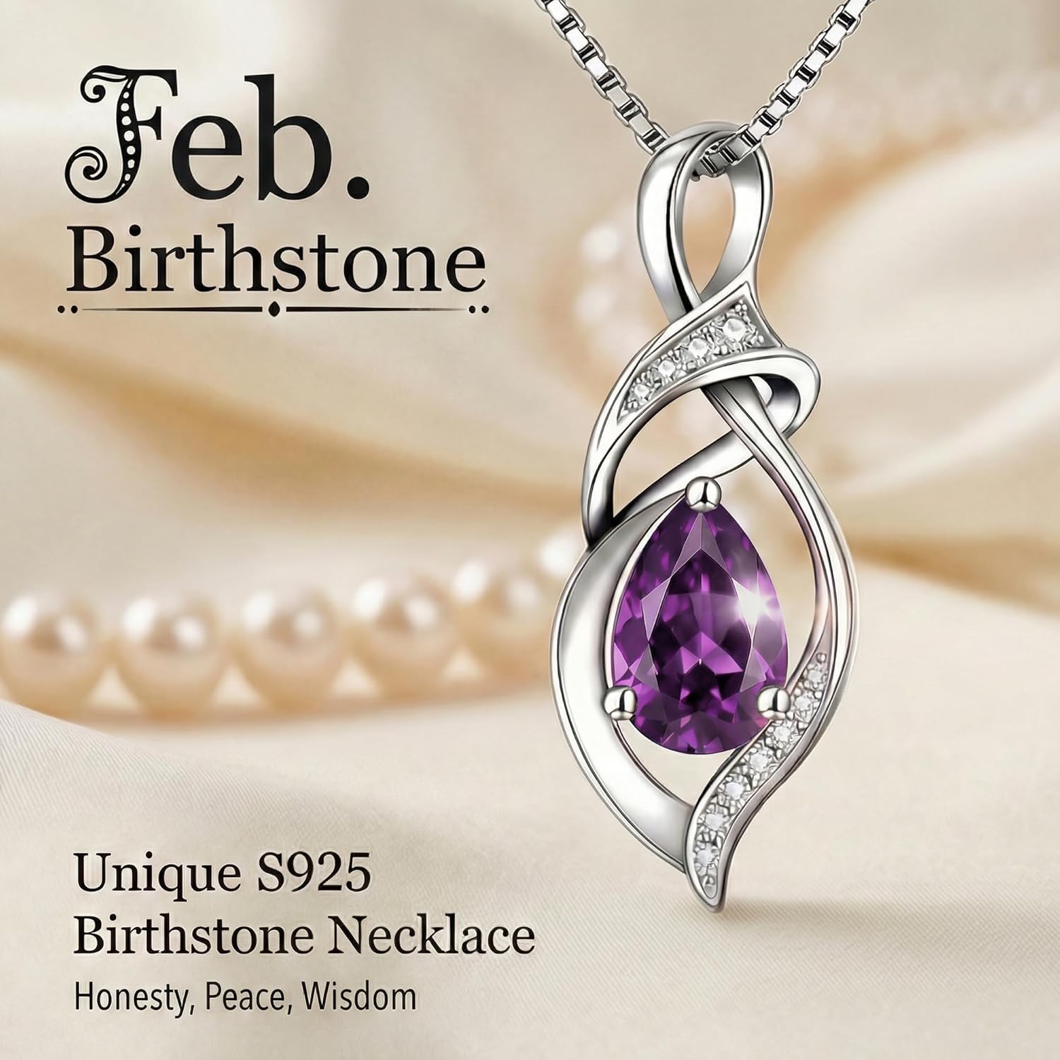 Birthstone Necklace for Women, S925 Sterling Silver Purple crystal Infinity Teardrop Pendant, February Birthday Jewelry Gifts for Mom Wife Girlfriend Teacher Daughter, 18"+2" Inches