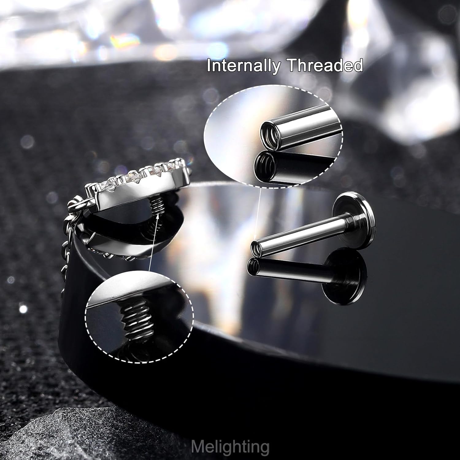 Melighting Double Chain Cartilage Earring 16G Curved Helix Earring Internally Threaded Clear Cz Stainless Steel 316L Flat Back Stud For Women - Image 3