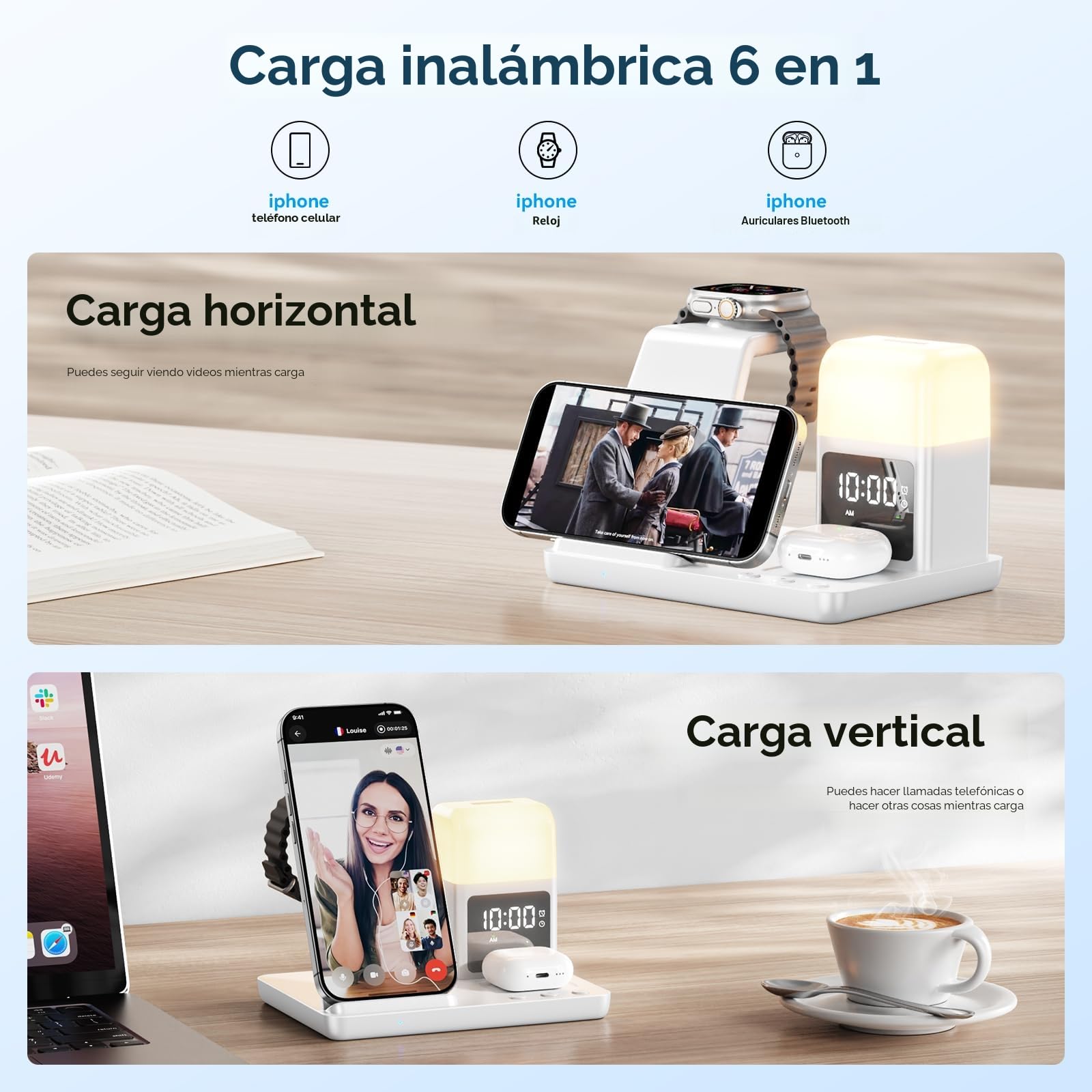 Cargador Inalambrico iPhone, Cargador Inalámbrico con Lámpara lámpara de Noche y Despertador, Estacion de Carga Apple 17 16 15 14 13 12, Apple Watch, AirPods