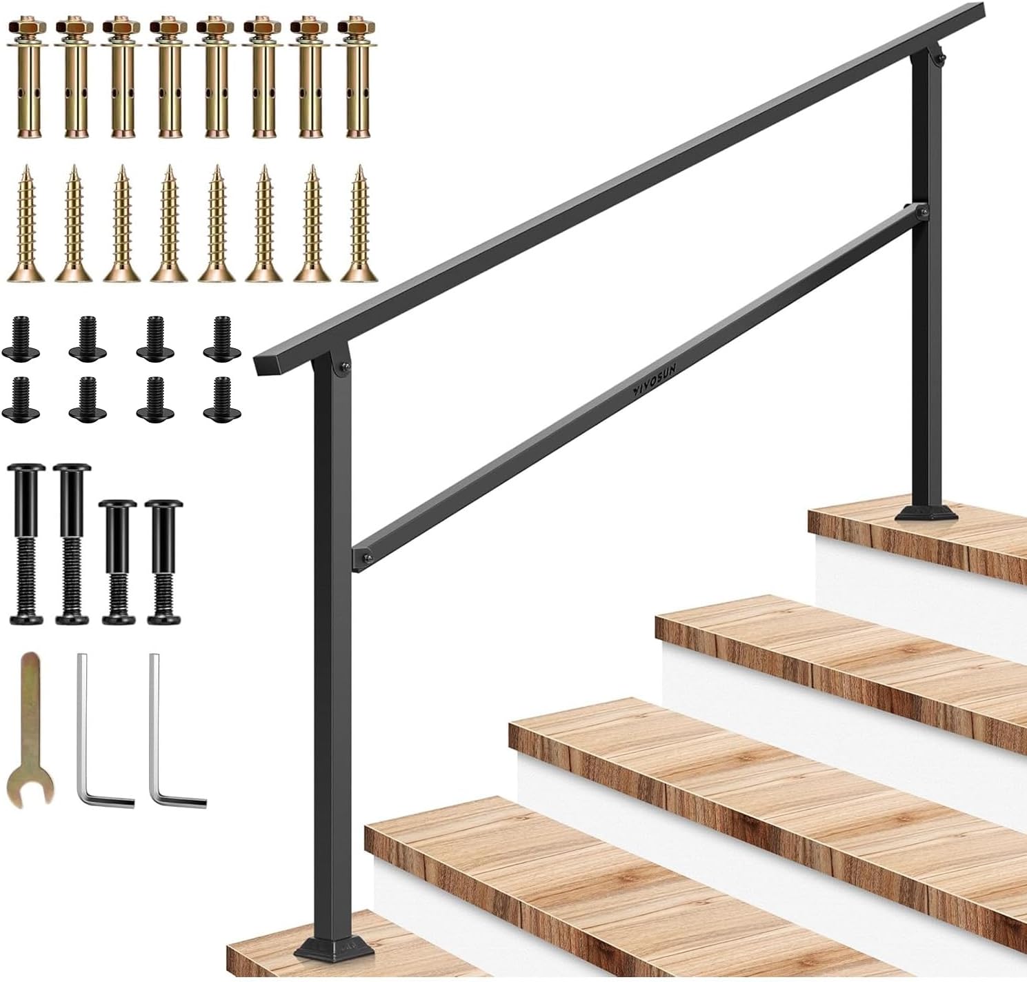 VIVOSUN Outdoor Handrail, 5 Step Stair Handrai, 69" x 36" Fits 1 to 5 Steps, Wrought Mattle Iron Handrail for Concrete Steps, Porch Steps, One-Step Assembly, Black