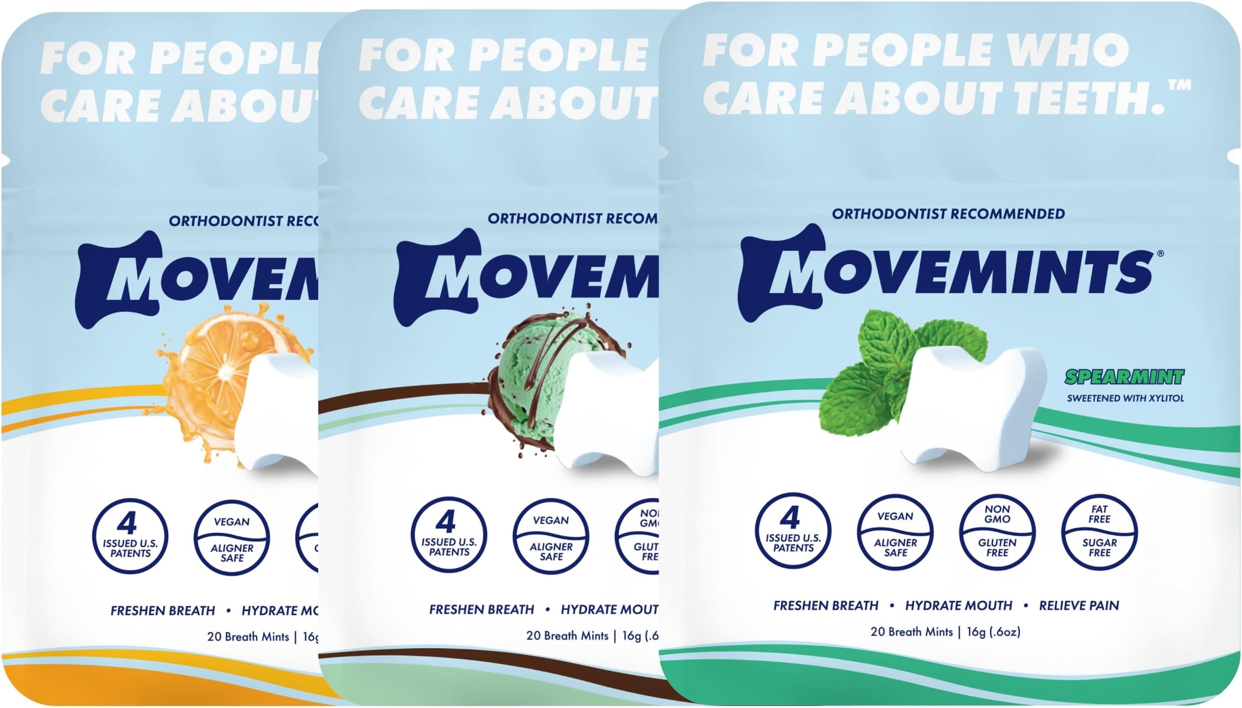 Movemints Clear Aligner Mints - Patented Aligner Seating Mints - Edible Alternative to Aligner Chewies - Xylitol Mints for Dry Mouth - Variety Pack (3 Pack)