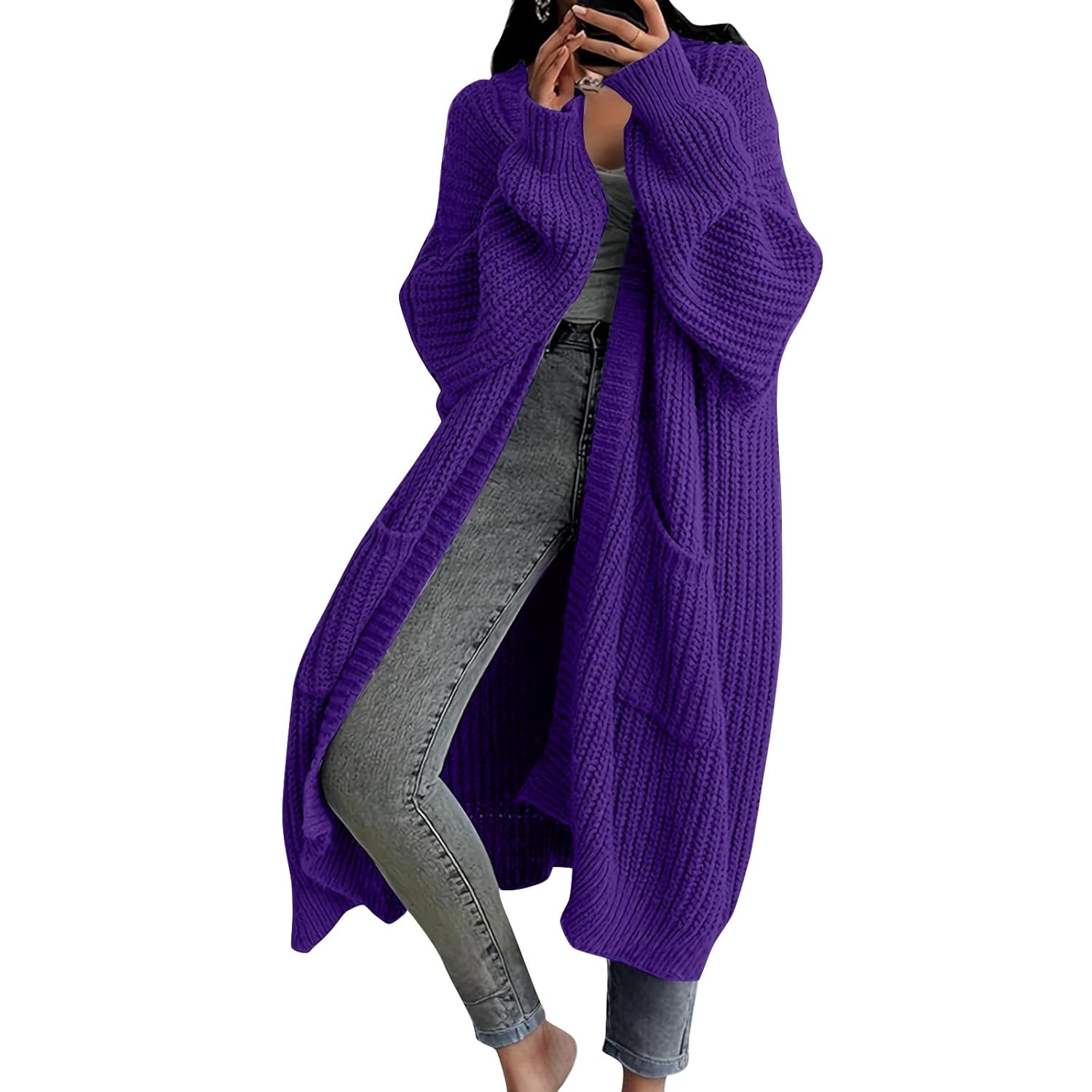Long Cardigan Sweaters for Women Open Front Chunky Knit Coat Winter Long Sleeve Waffle Ribbed Sweaters with Pockets