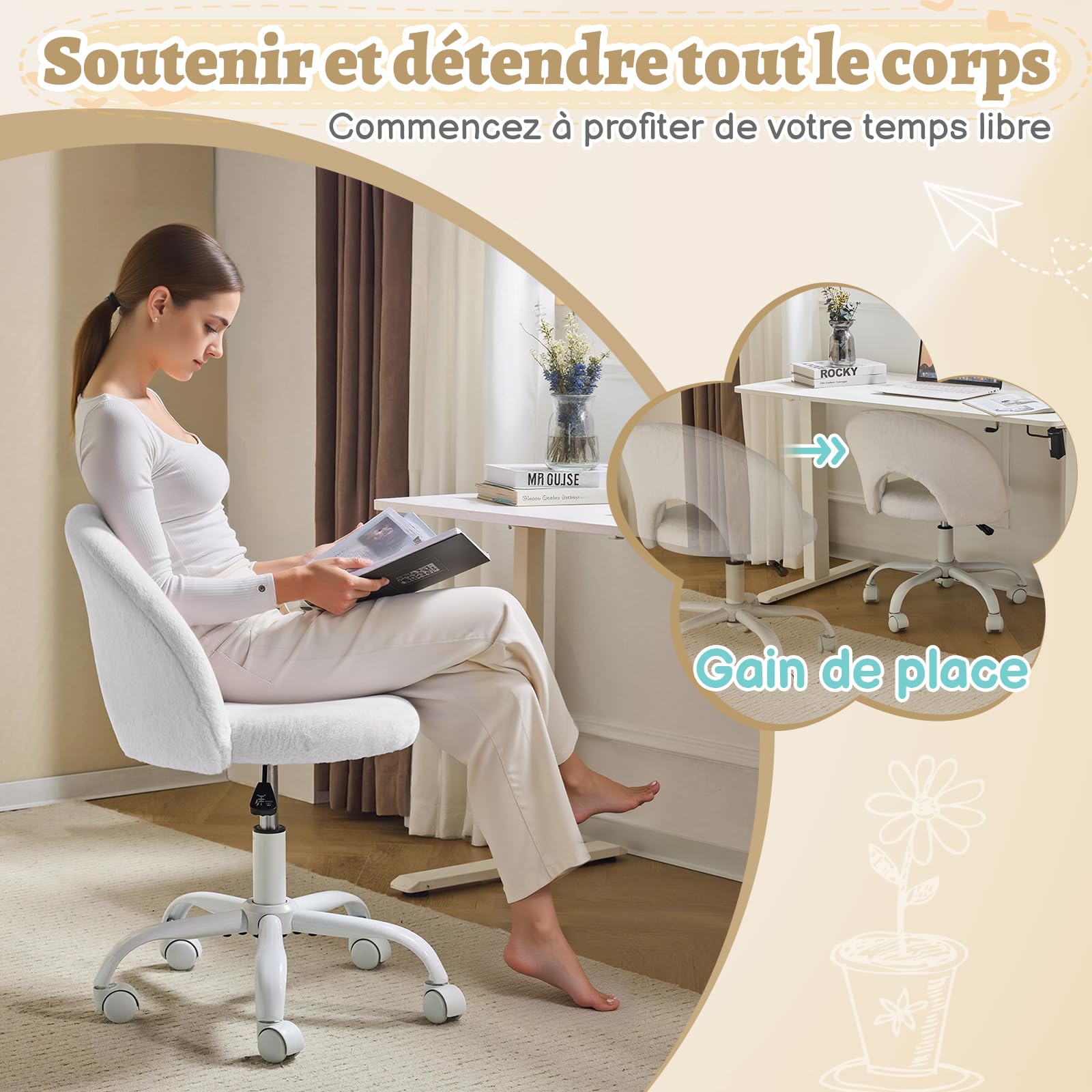 Bonnlo Chaise de Bureau Esthétique sans Accoudoirs, Petite Chaise Confortable, Fauteuil de Coiffeuse avec Support Lombaire, Chaise Pivotante pour Bureau, Chambre, en Fourrure de Lapin (Blanc)
