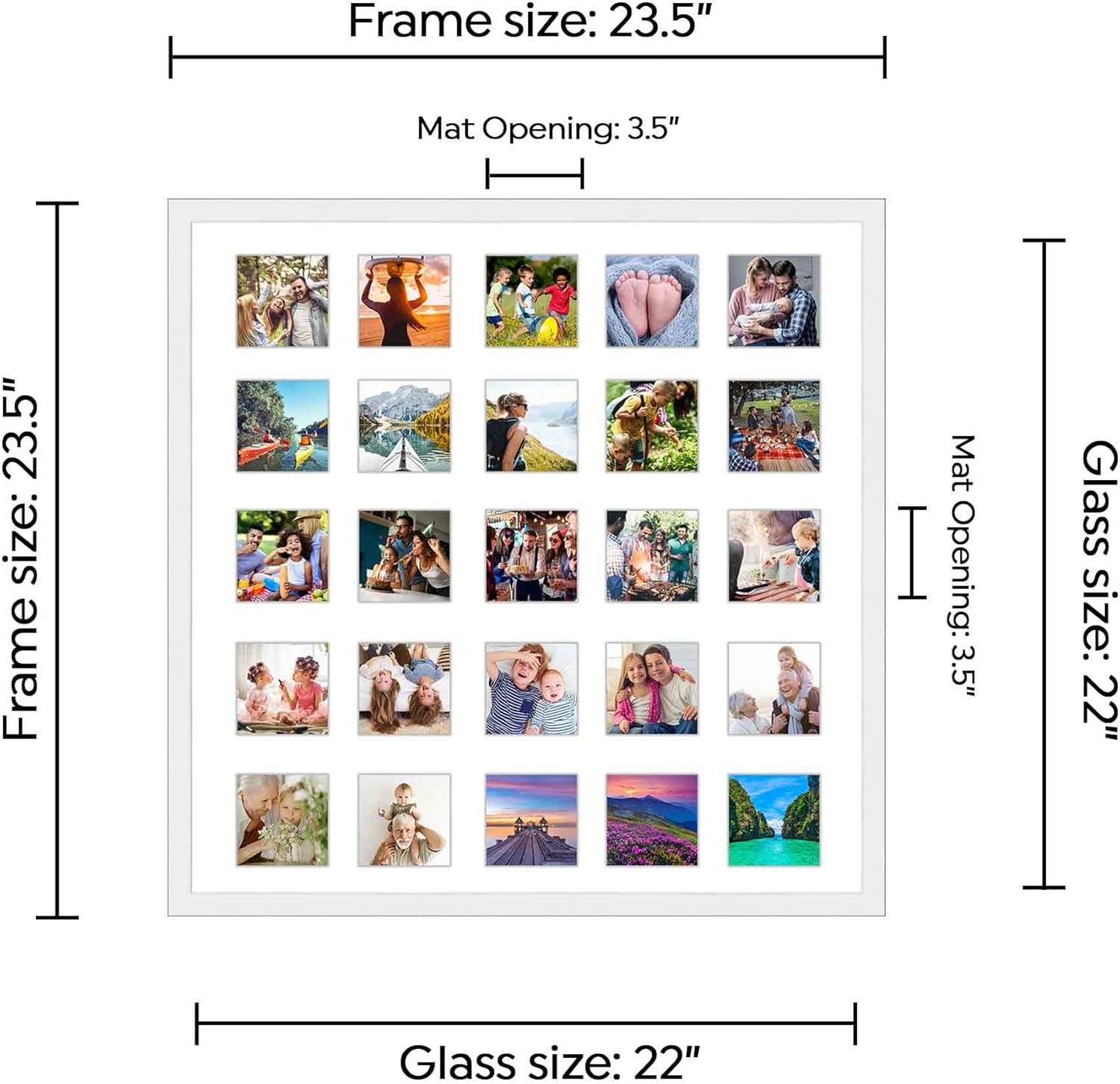 Instagram 25-Opening White Collage Frame With Mat - 22x22 Solid Wood Frame For (25) 4" x 4" Photos - White Matted Instagram 4x4 Collage Photo Frame with Mat with Multi Opening Picture Matte