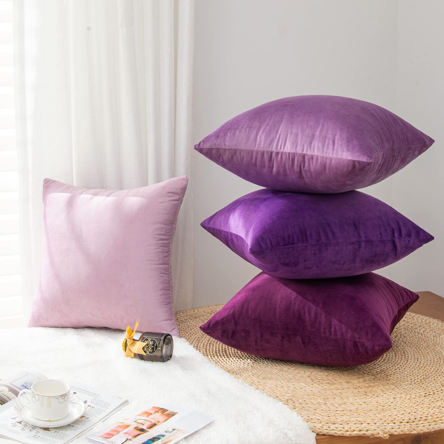 Yonous Set di 4 federe per cuscino in velluto morbido e quadrato di alta qualità, per divano, camera da letto, auto, 45 x 45 cm