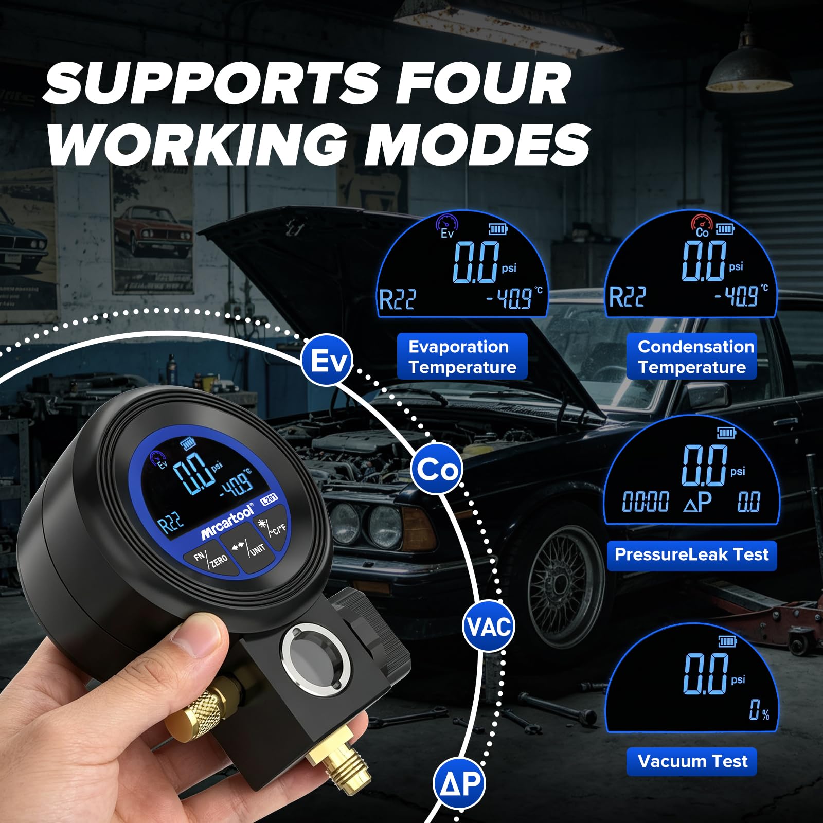 BELEY Alta Precisión Manómetro Digital Aire Acondicionado Equipado con Prueba de vacío y fugas, Vacuometro Digital Incluye 24 Refrigerantes, para Aire Acondicionado Doméstico de Automóvil y Comercial