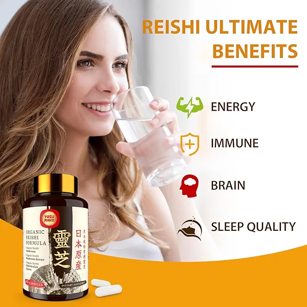 Yasumako Japanese Reishi Mushroom Supplement 800mg with Reishi Mushroom Extract 500mg & Shell-Broken Spores 200mg,Organic Mushroom Capsules for Immune System - Real Fruiting Body (Pack of 2)
