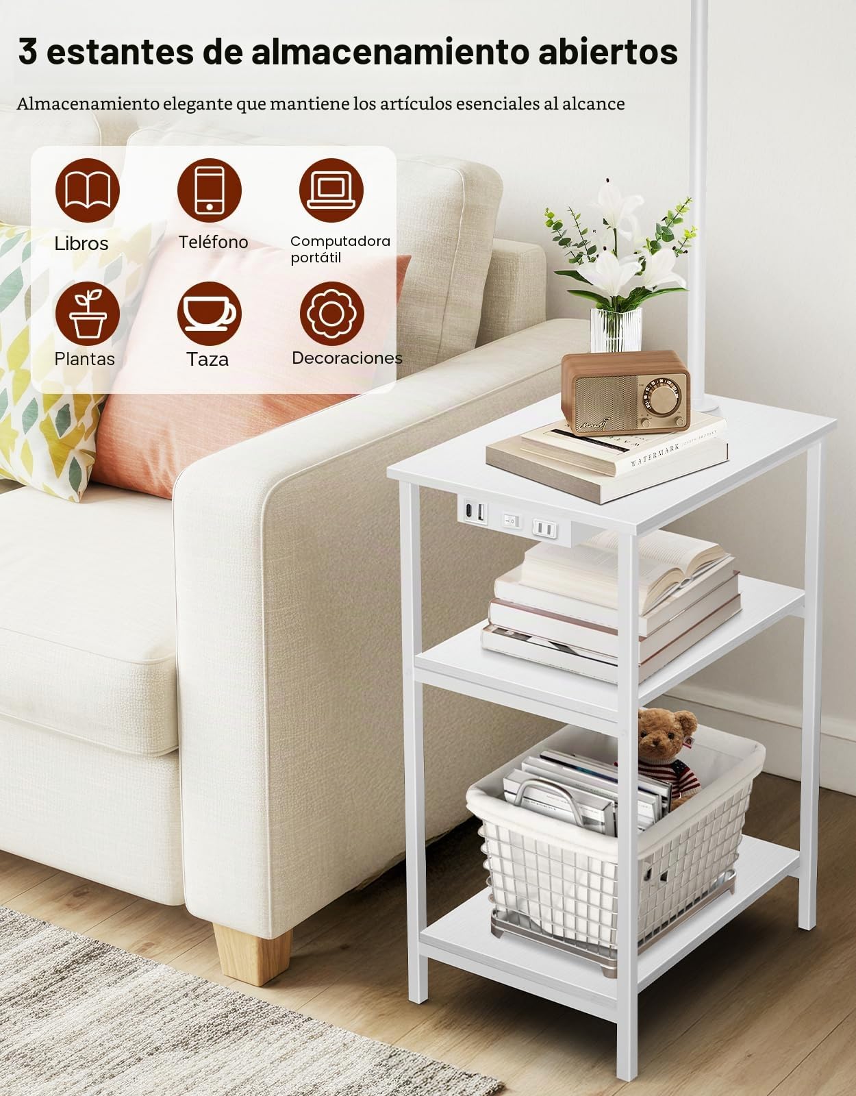Lámpara de Pie con Mesa y Estante, LED Regulable con Mando, 3 Temperaturas de Color, Mesa Auxiliar con Carga USB y Almacenamiento para Salón