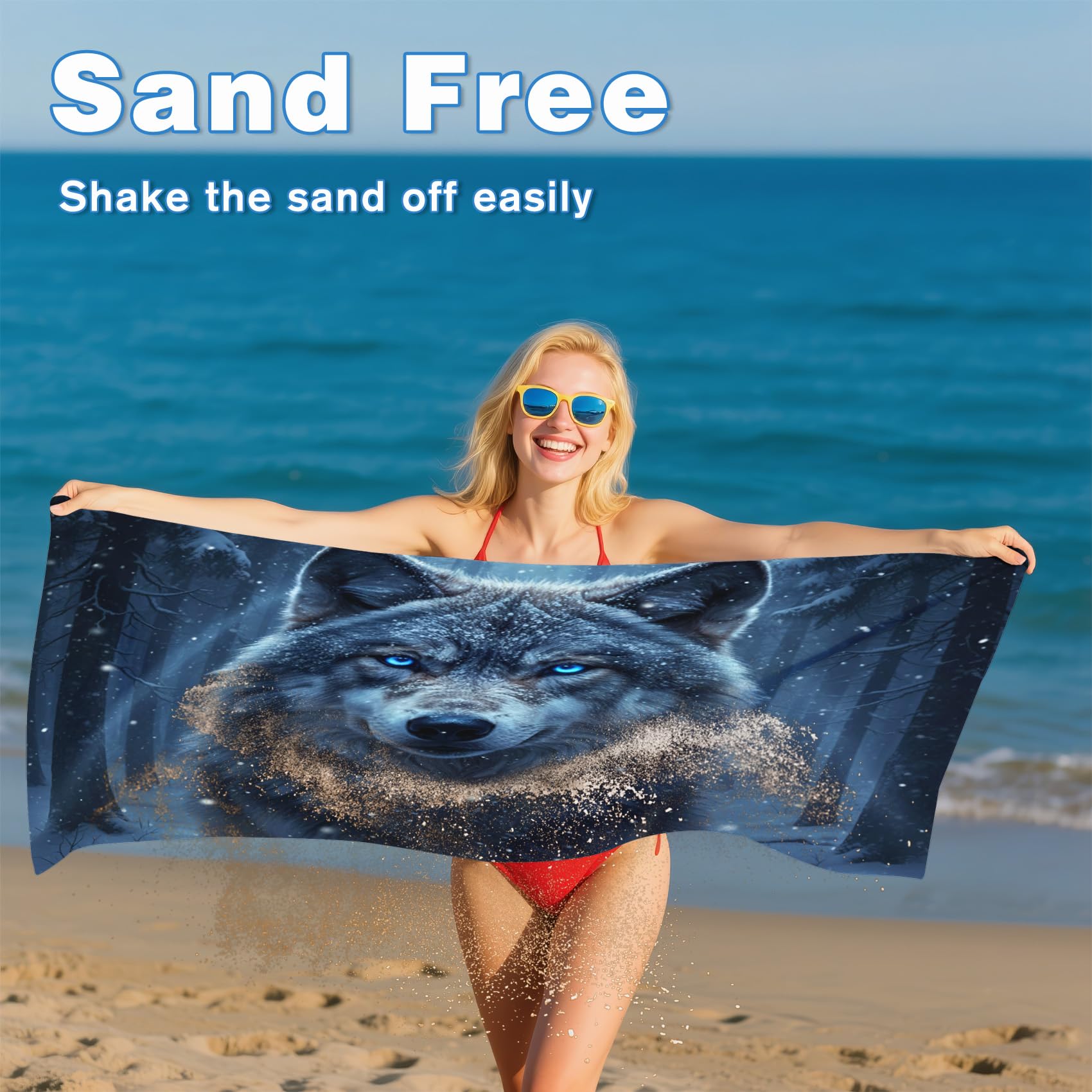 Serviette de Plage XXL Microfibre Loup Animaux Sauvages Safari, Drap de Plage Séchage Rapide Anti Sable & Légère, Serviette de Bain Grande Taille 200x200 cm, Accessoire & Cadeau été