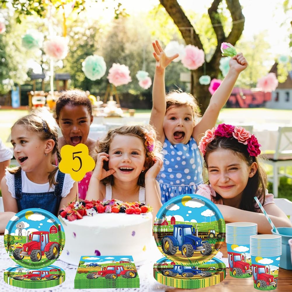 Lilwemen Déco Anniversaire Tracteur – Set 20 Pers. Assiettes, Goblets, Nappe, Pailles – Fête Ferme Enfant