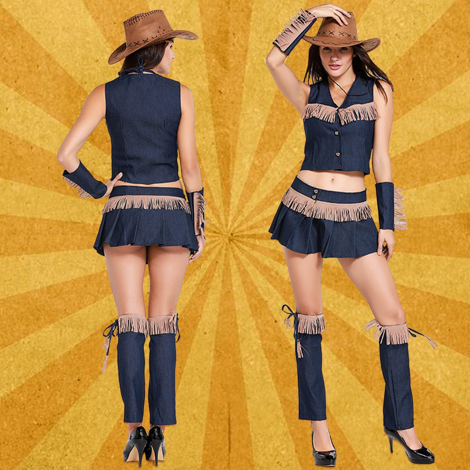 Costume da cowboy da donna per Oktoberfest, set per feste di Halloween con gonna + gilet + reggiseno + scaldamuscoli + scaldamuscoli + cappello cowgirl cosplay western costume da carnevale