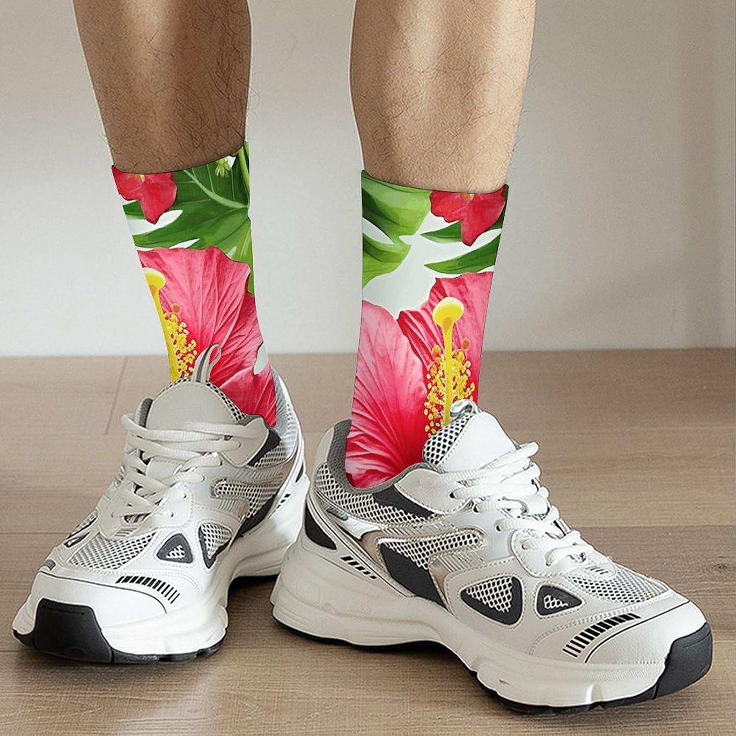 Breathable Sports Socks, Moisture Wicking, Lightweight Crew Socks | Hibiscus Flower Athletic Calf Socks for Women Men, Casual, Anti-Slip, Multifunctional Work Socks