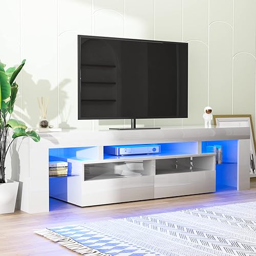 Miniatura 25 de St.Mandyu Soporte de TV LED para TV de 65/75/85 pulgadas, centro de entretenimiento moderno de alto brillo con cajón y luces LED, consola multimedia