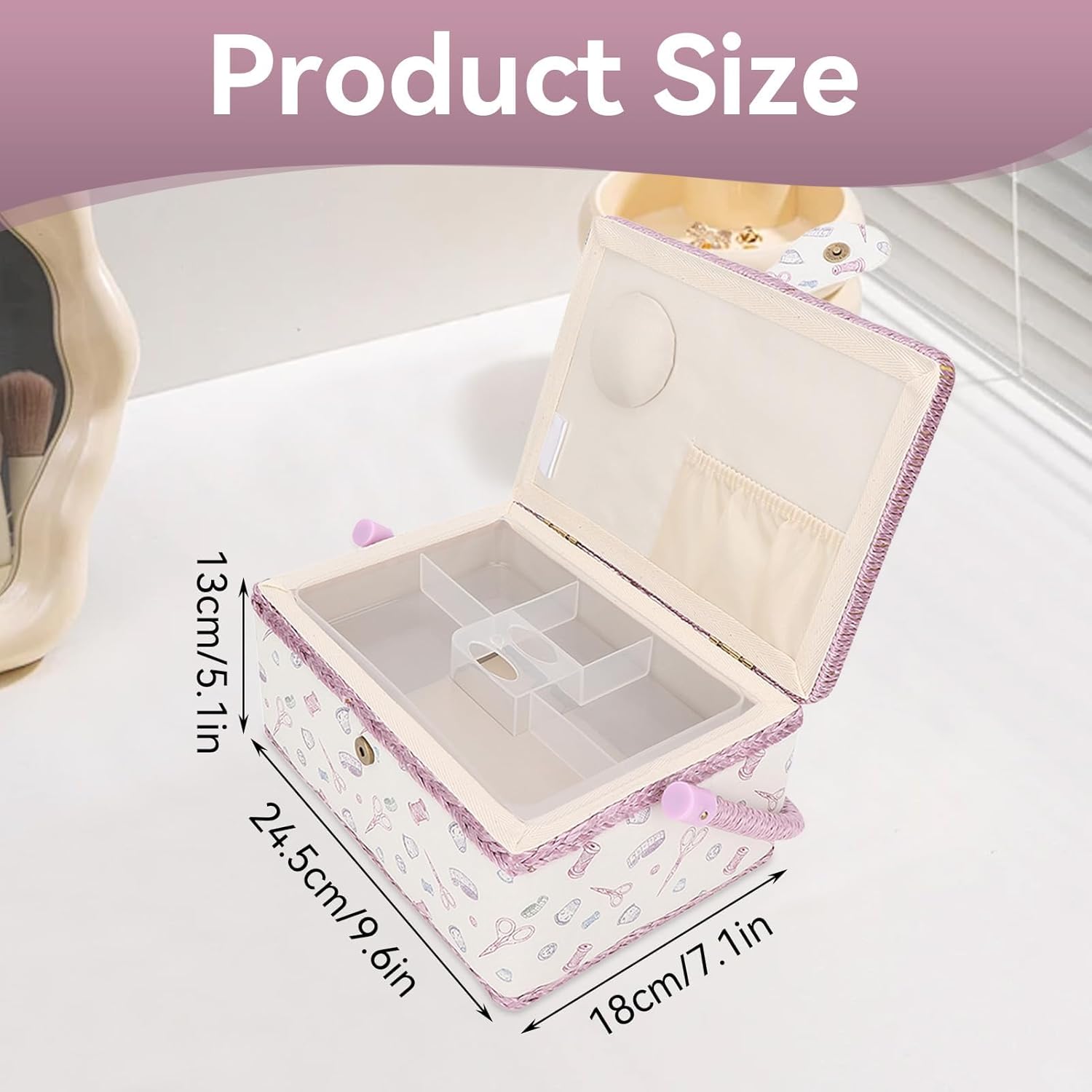 Sewing Basket, Classic Fabric Sewing Kit Storage Box, Vintage Sew Supplies Storage, DIY Crafting Accessories Large Embroidery Box with Organizer Tray Compartment, 9.6 x 7.1 x 5.1 inches