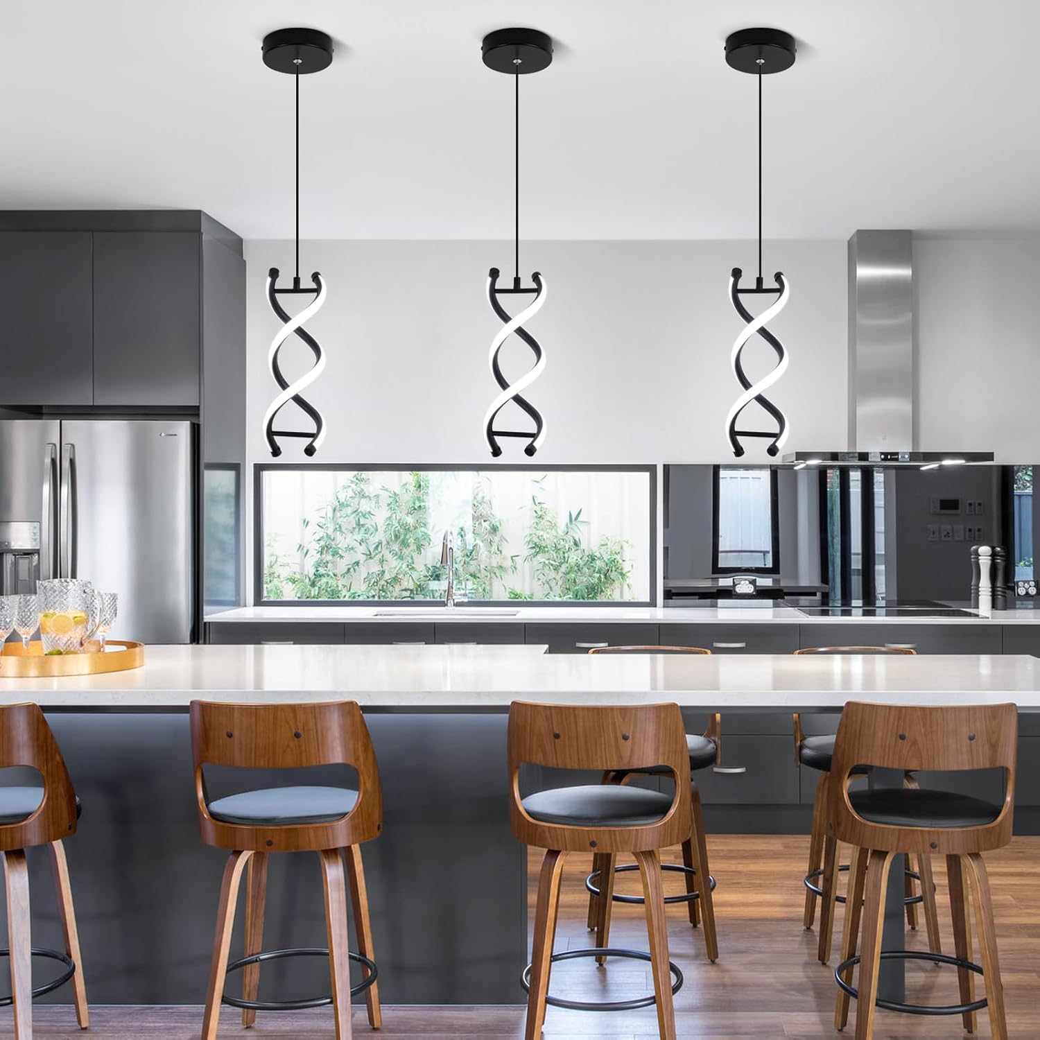 CANEOE Spiral Led Pendant Light Fixture,15W Cold White Light Modern LED Pendant Lamp, Adjustable Kitchen Island Hanging Light Fixture for Dining Room Living Room Bedroom Kitchen Sink, 3 Packs