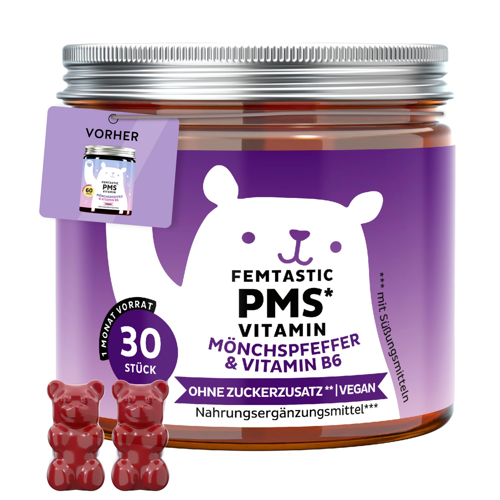 Femtastic PMS Vitamin – Für dein prämenstruelles Wohlbefinden Mit 30 mg Mönchspfeffer, Vitamin B6 und Dong-Quai-Extrakt 30 Stück (1-Monat) – ohne zugesetzten Zucker, vegan – Bears with Benefits