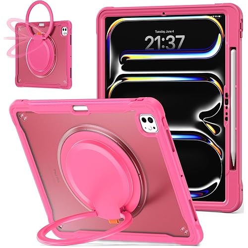Batianda for iPad Pro 13 inch Case 2025 M5 2024 M4 Chip Lightweight Dual-Layer Protective Tablet Cover, Durable Shock-Absorbing Corners with 360° Rotating Kickstand Ring Built-in Pen Slot, Pink