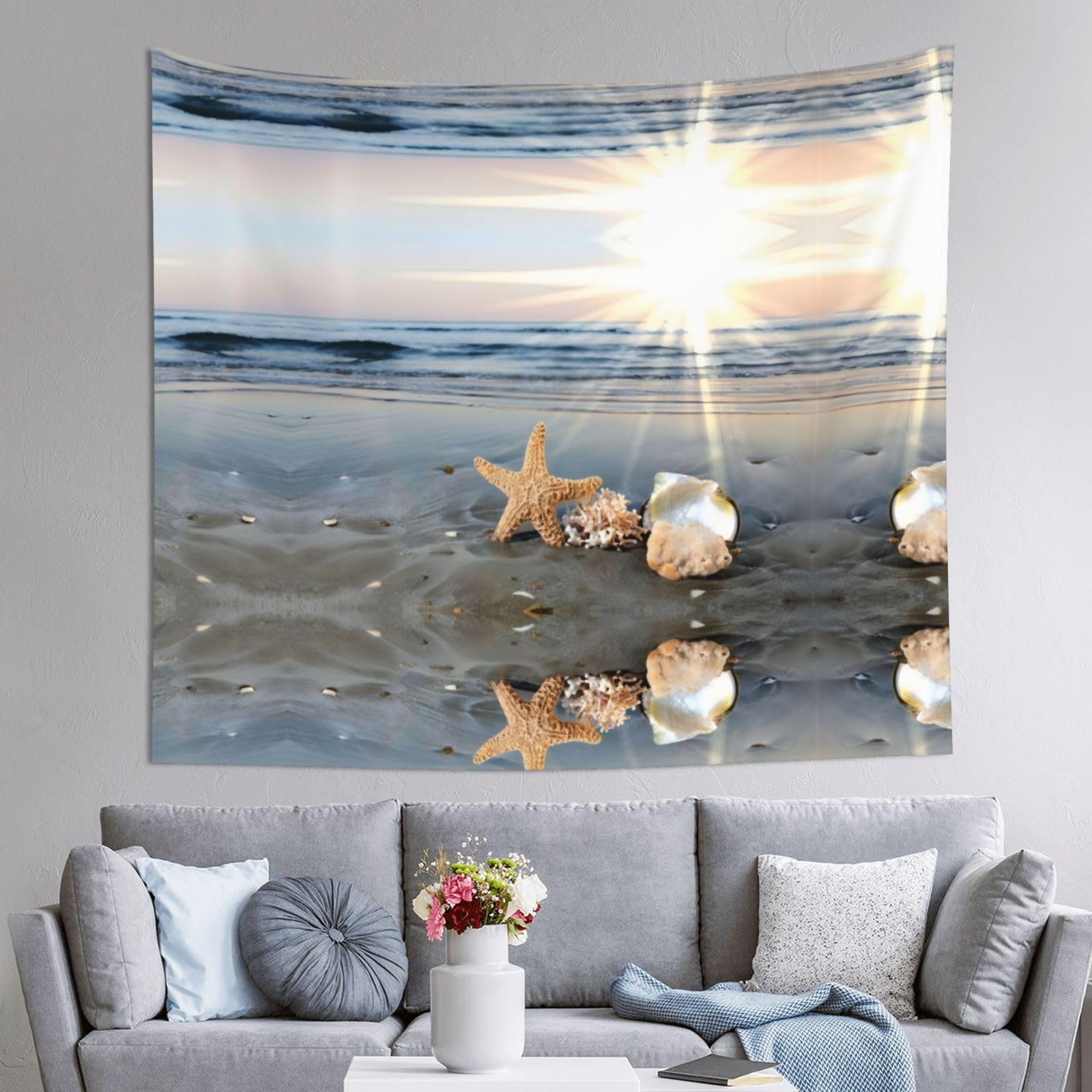 HLSBSSL 60x51in Seashells On The Beach Printed Tapestry Tablecloth for Dormitory and Picnic Rooms - Multifunctional Fabric Hanging