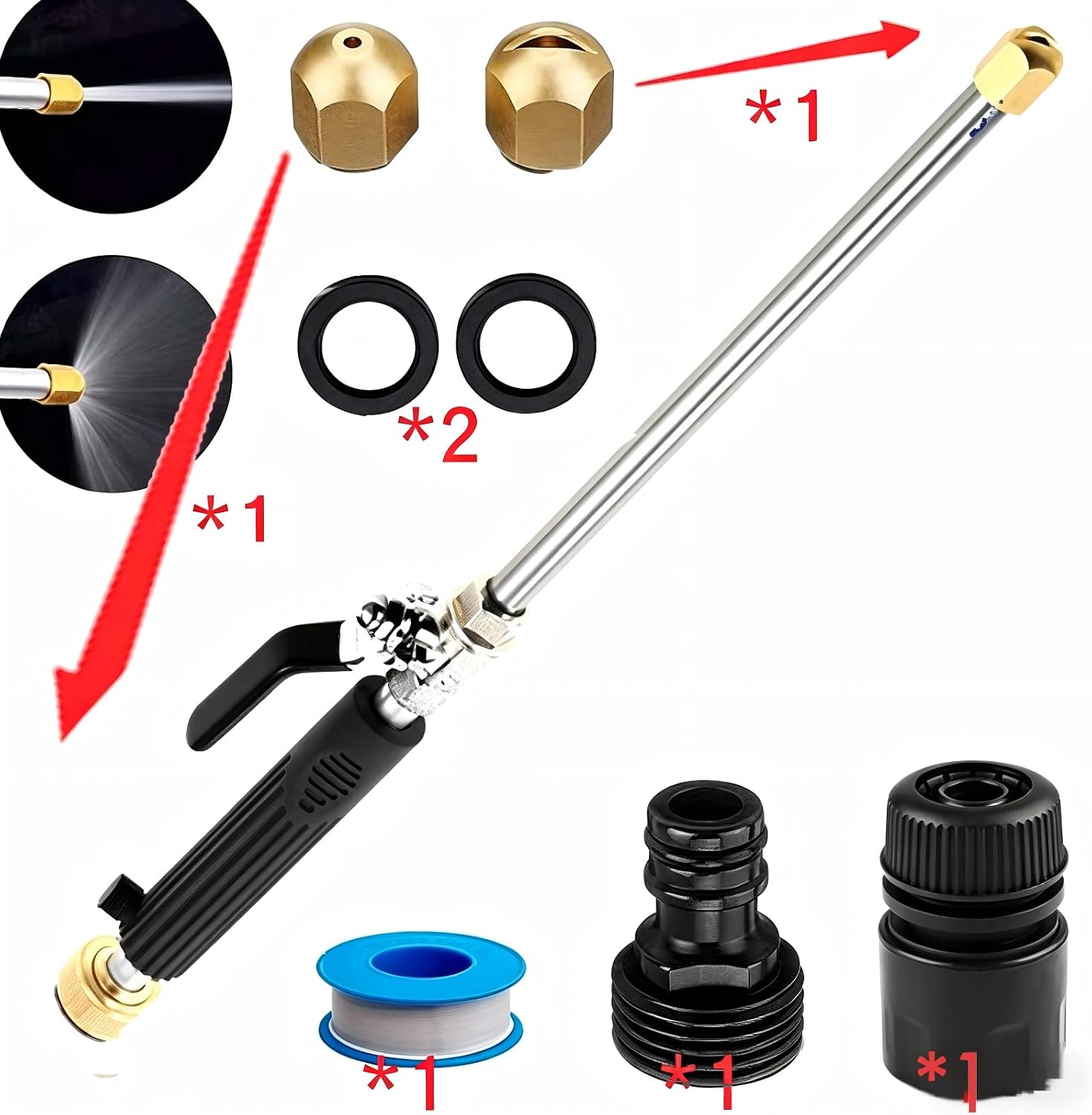 Hose Nozzle, Upgraded High Pressure Water Wand with 2 Spray Tips, High Pressure Hose Nozzle for Garden Washing, Jet Nozzle Power Washer Wand for Car, Patio, Sidewalk Cleaning