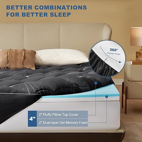 Miniatura 5 de Bedlore Cubrecolchón King de 4 pulgadas para dolor de espalda, soporte medio de doble capa (espuma viscoelástica de gel de 2 pulgadas + almohadilla