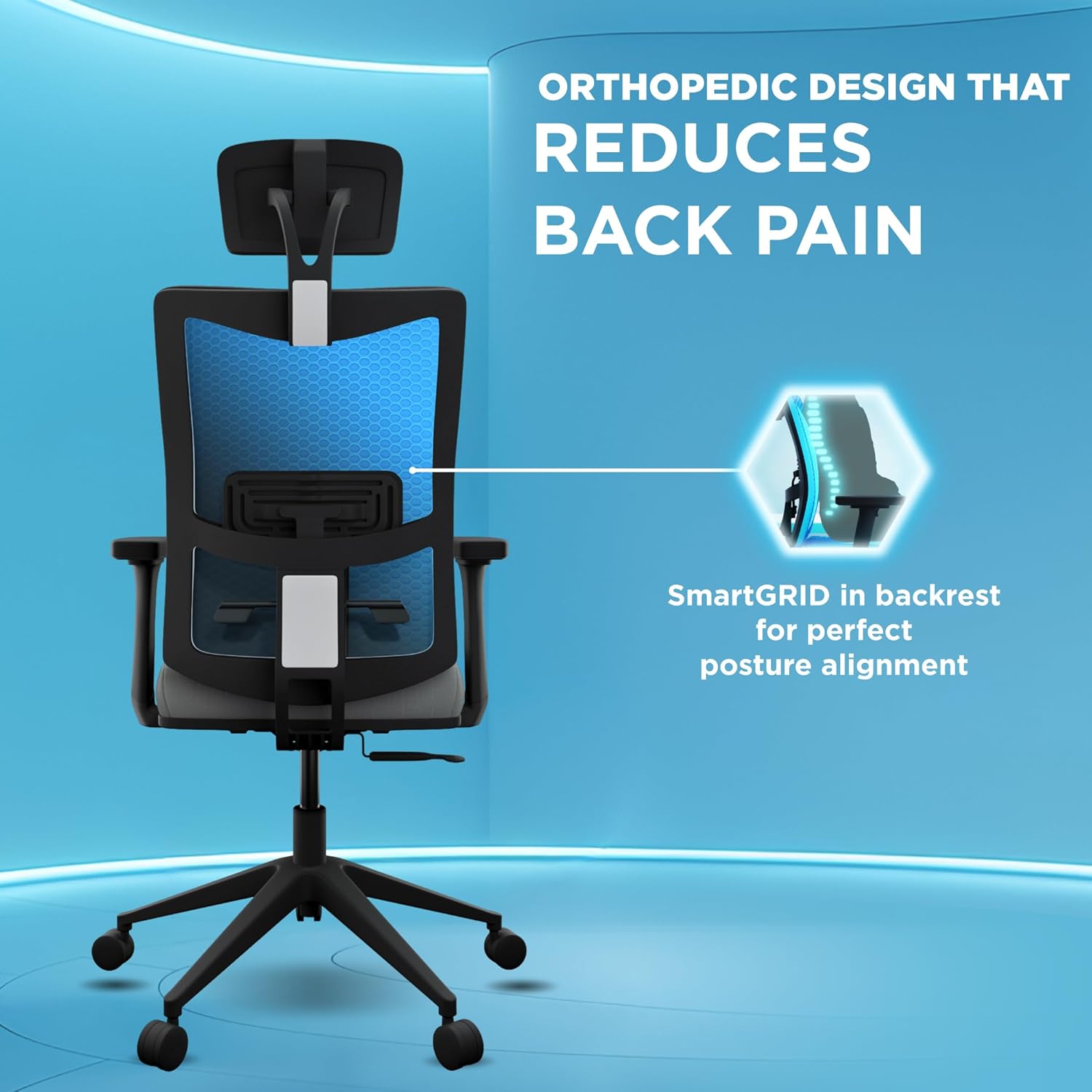 Rear view of The Sleep Company Onyx Orthopedic Office Chair, showing orthopedic back support and SmartGRID in backrest