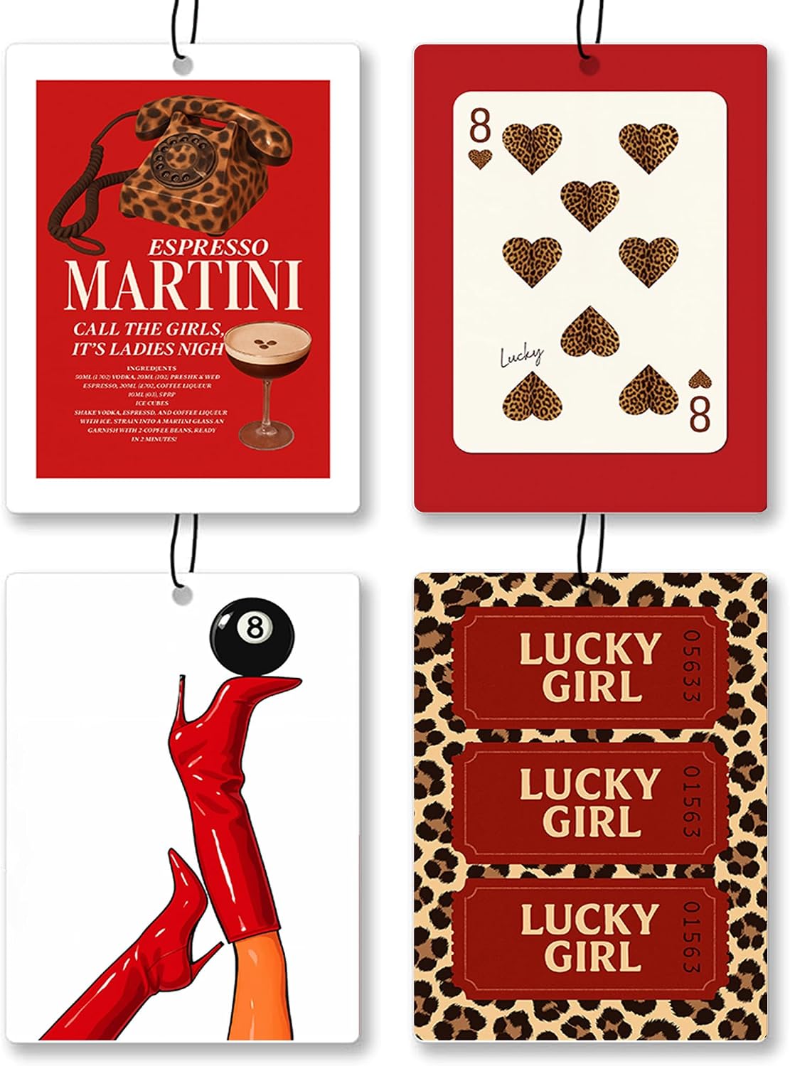 Vintage Leopard Print Car Air Freshener 4 Pcs - Retro Leopard Lucky 8 Ball Martini Lucky Girl Ticket Hanging Decor for Drawer Closet Cars Books, Girly Car Accessories Mirror Decor for Women Girl