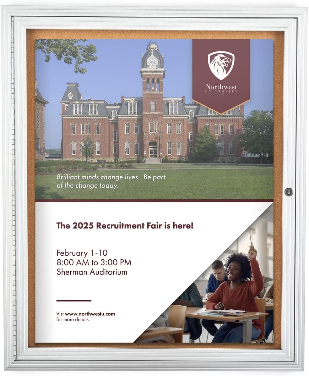 Displays2go 30 x 36 Enclosed Single Door Cork Board, Swing Open, Shatter-Resistant Frame - Silver (CBSW3036SV)