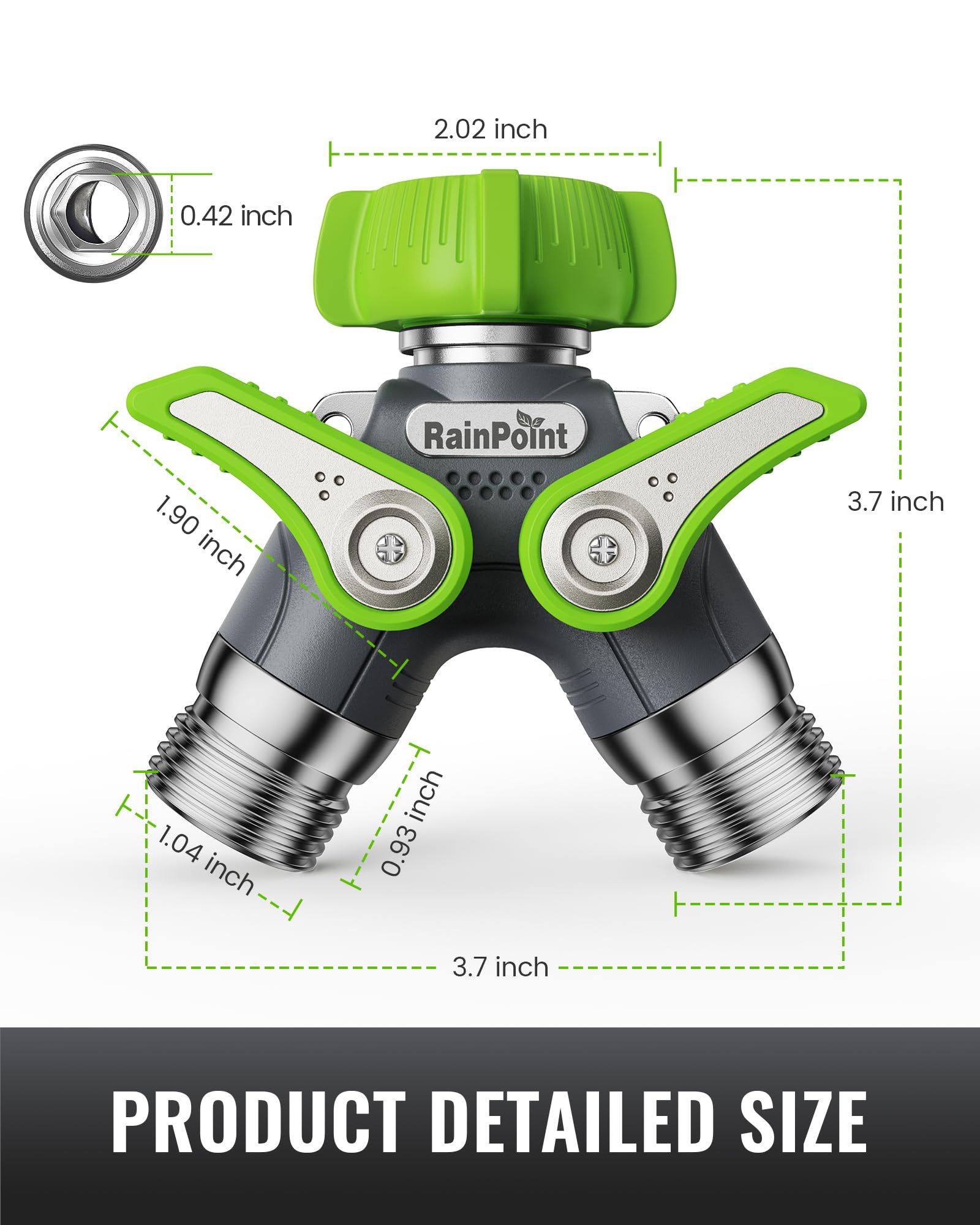 RAINPOINT Sdoppiatore per tubo da giardino, 2 vie, resistente, con valvole di intercettazione, corpo in metallo 100% esterno, manico in metallo extra lungo da 4,8 cm, filettatura GHT da 3/4" (verde, 2