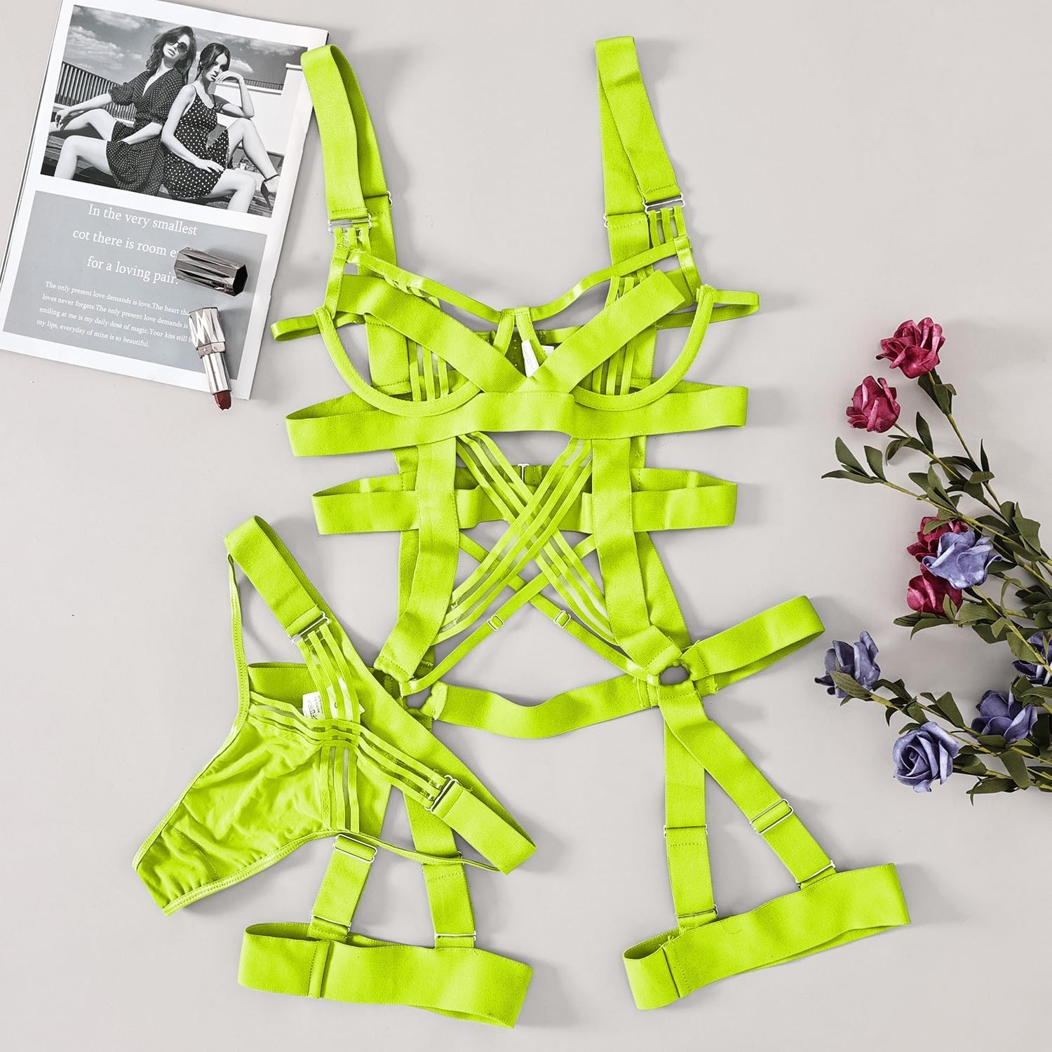 Lilosy Sexy Strappy Crisscross Cutout Underwire Garter Belt Lingerie Set Rave Outfits